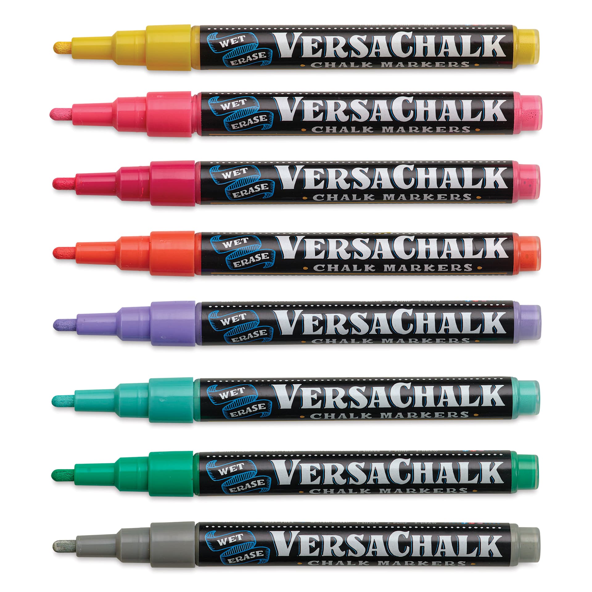 VersaChalk Wet Erase Liquid Chalk Markers - Vivid Colors, 3 mm, Set of 8, Fine Tip, cap off