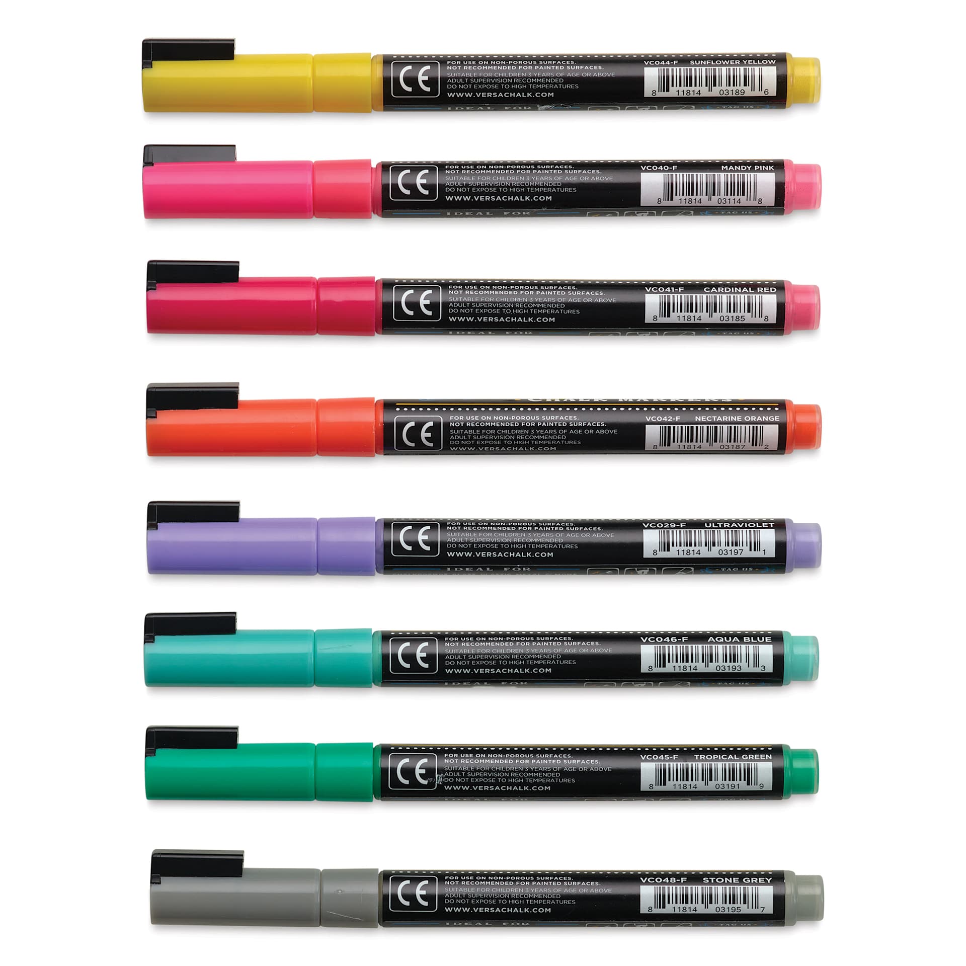 VersaChalk Wet Erase Liquid Chalk Markers - Vivid Colors, 3 mm, Set of 8, Fine Tip, back of marker barrel