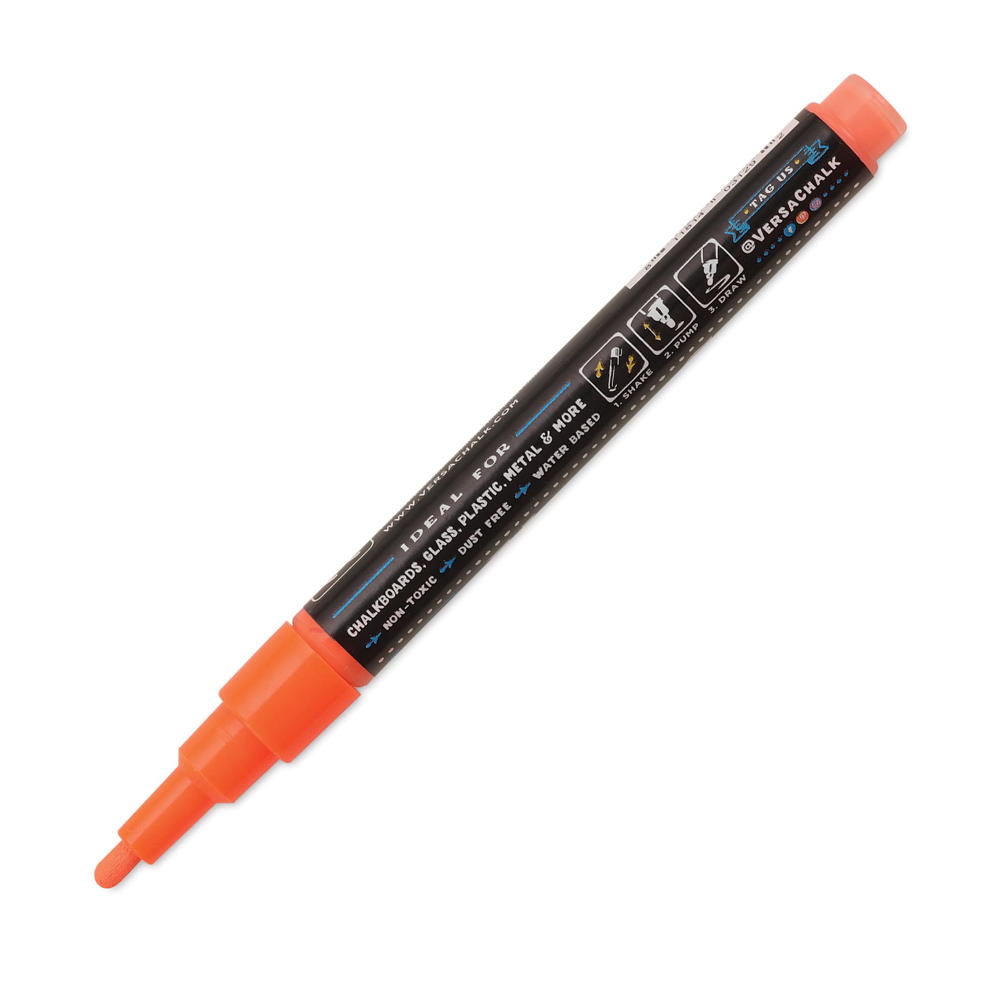 VersaChalk Wet Erase Liquid Chalk Marker - Neon Orange, 3 mm, Fine Tip, marker barrel showing description