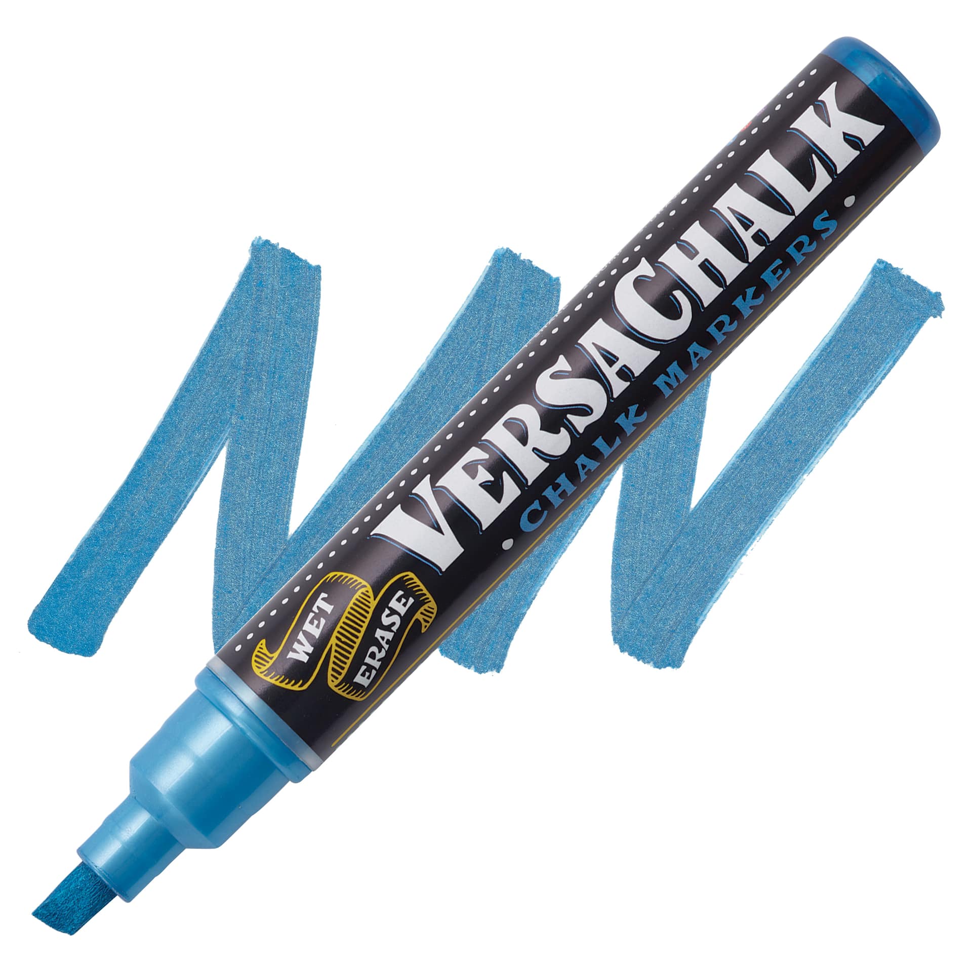 VersaChalk Wet Erase Liquid Chalk Marker - Metallic Sapphire, 5 mm, Bold Tip, swatch and marker