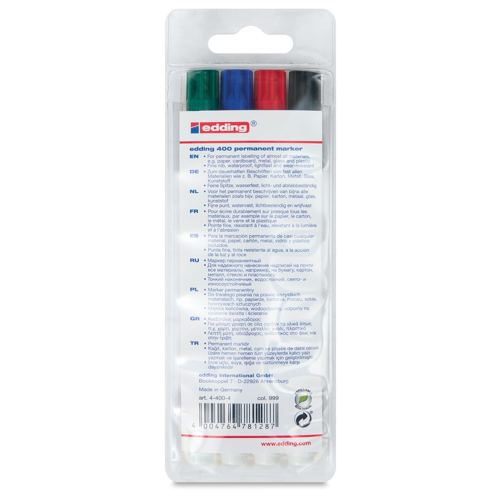 Edding Permanent Marker - Assorted Colors, 400 Series, Set of 4, back of the packaging