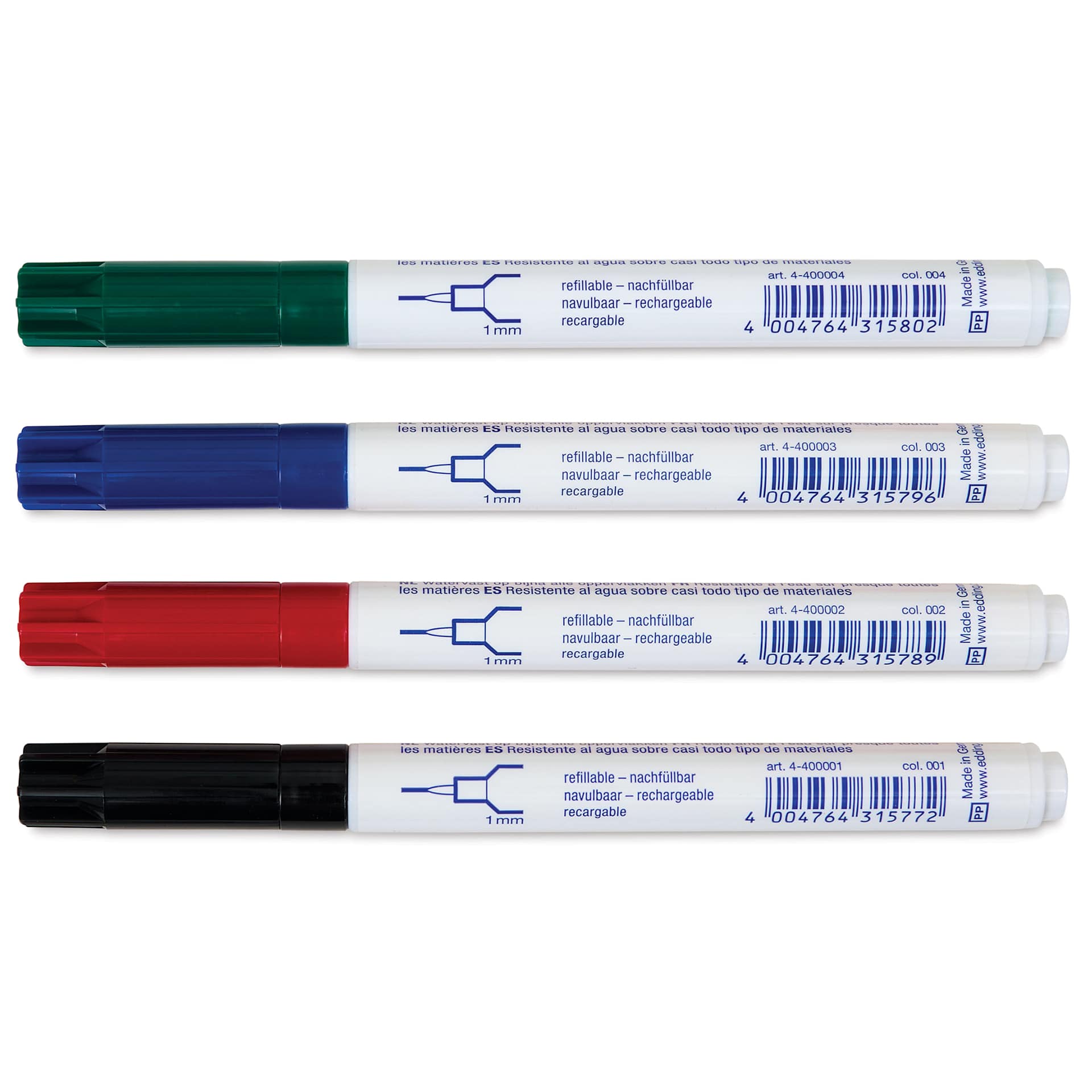 Edding Permanent Marker - Assorted Colors, 400 Series, Set of 4, markers laid out with caps on
