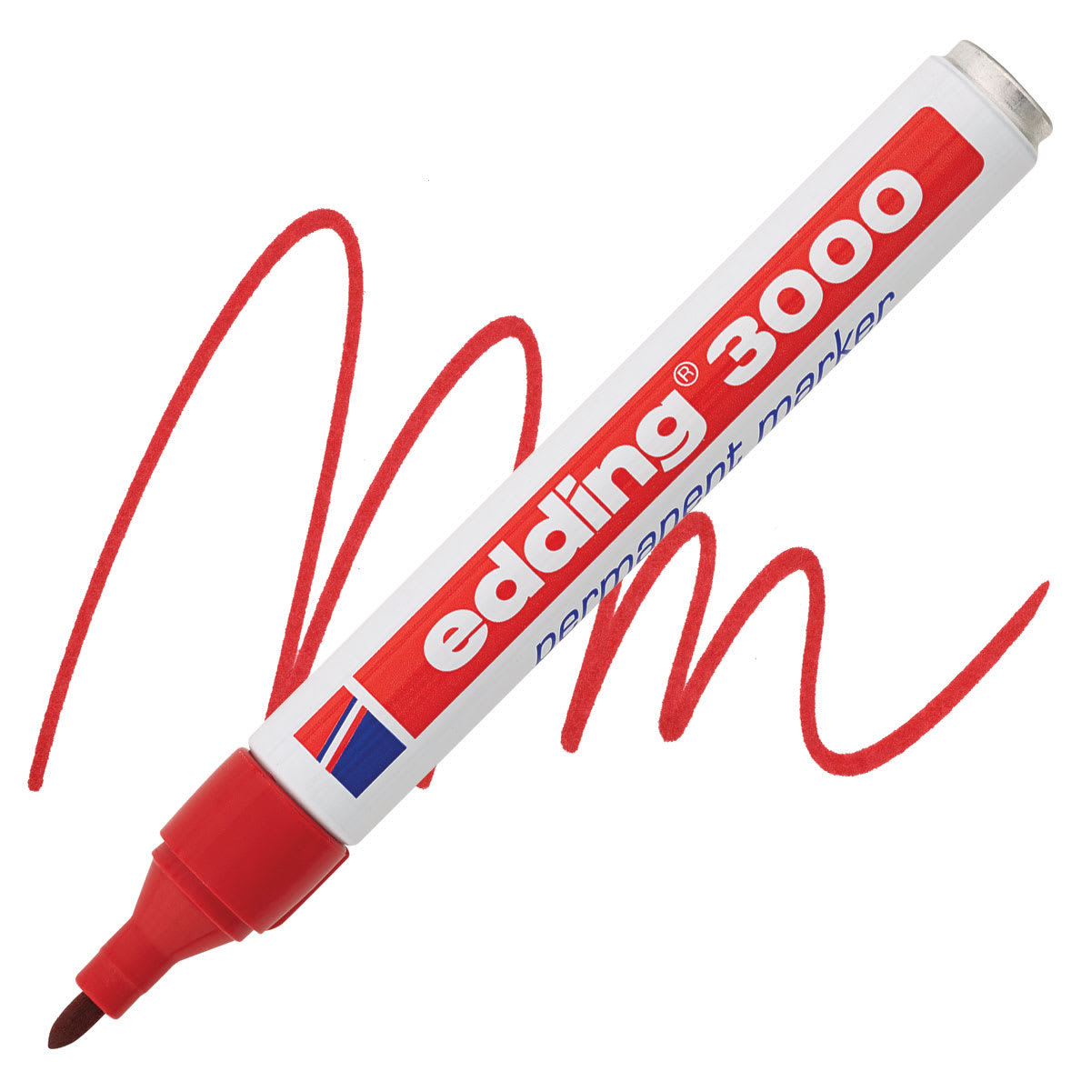 Edding Permanent Marker - Red, 3000, Bullet Nib marker and swatch