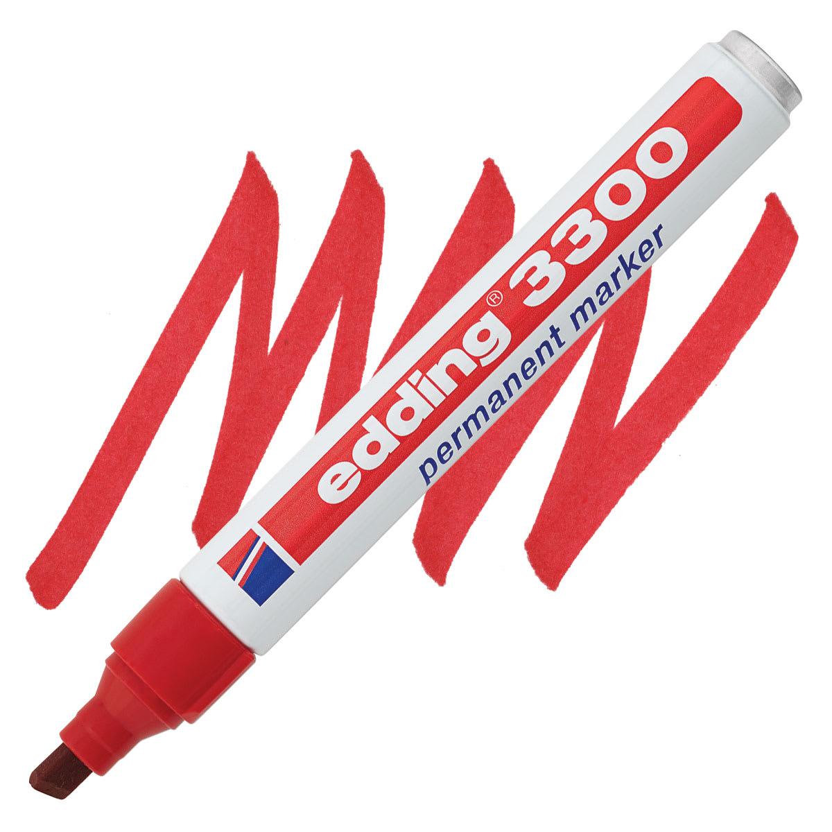 Edding Permanent Marker - Red, 3300, Chisel Nib, 1-5 mm marker and swatch