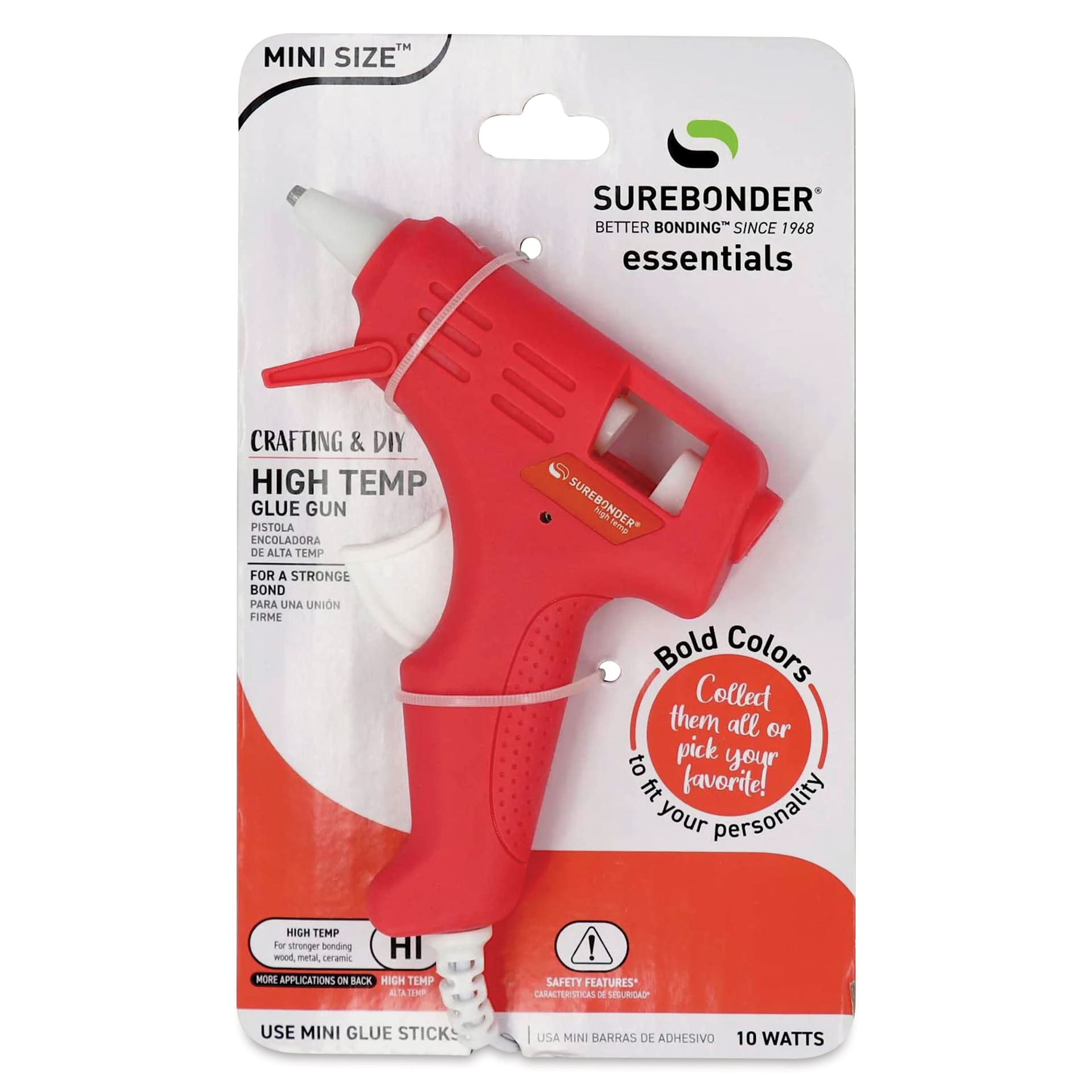 Surebonder Essentials Mini High Temp Glue Gun - Coral, front of the packaging. 