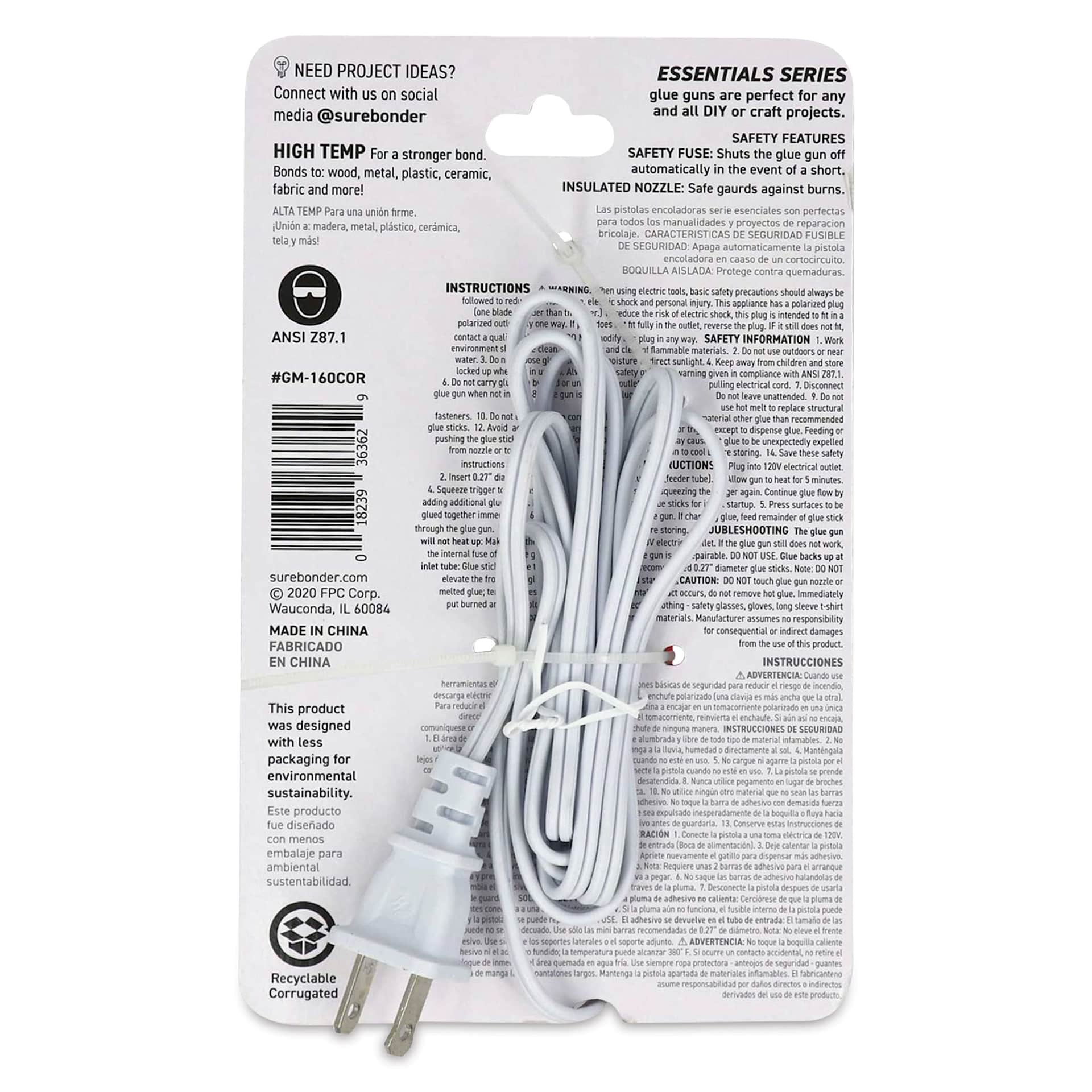 Surebonder Essentials Mini High Temp Glue Gun - Coral, back of the packaging.