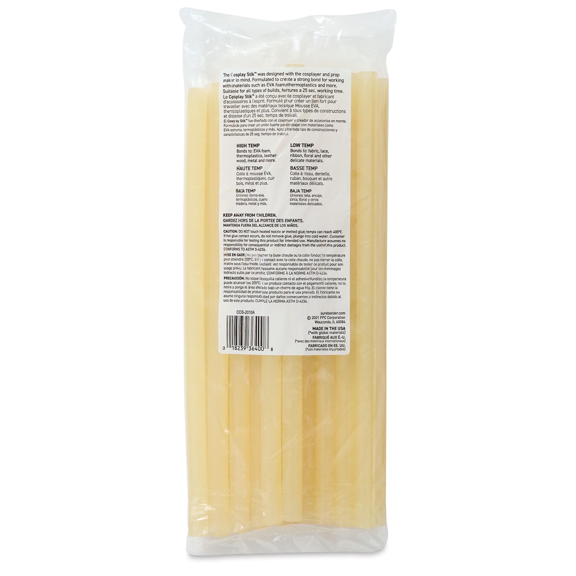 Surebonder Cosplay Stik Dual Temp Glue Sticks - Amber, Pkg of 20, back of the packaging