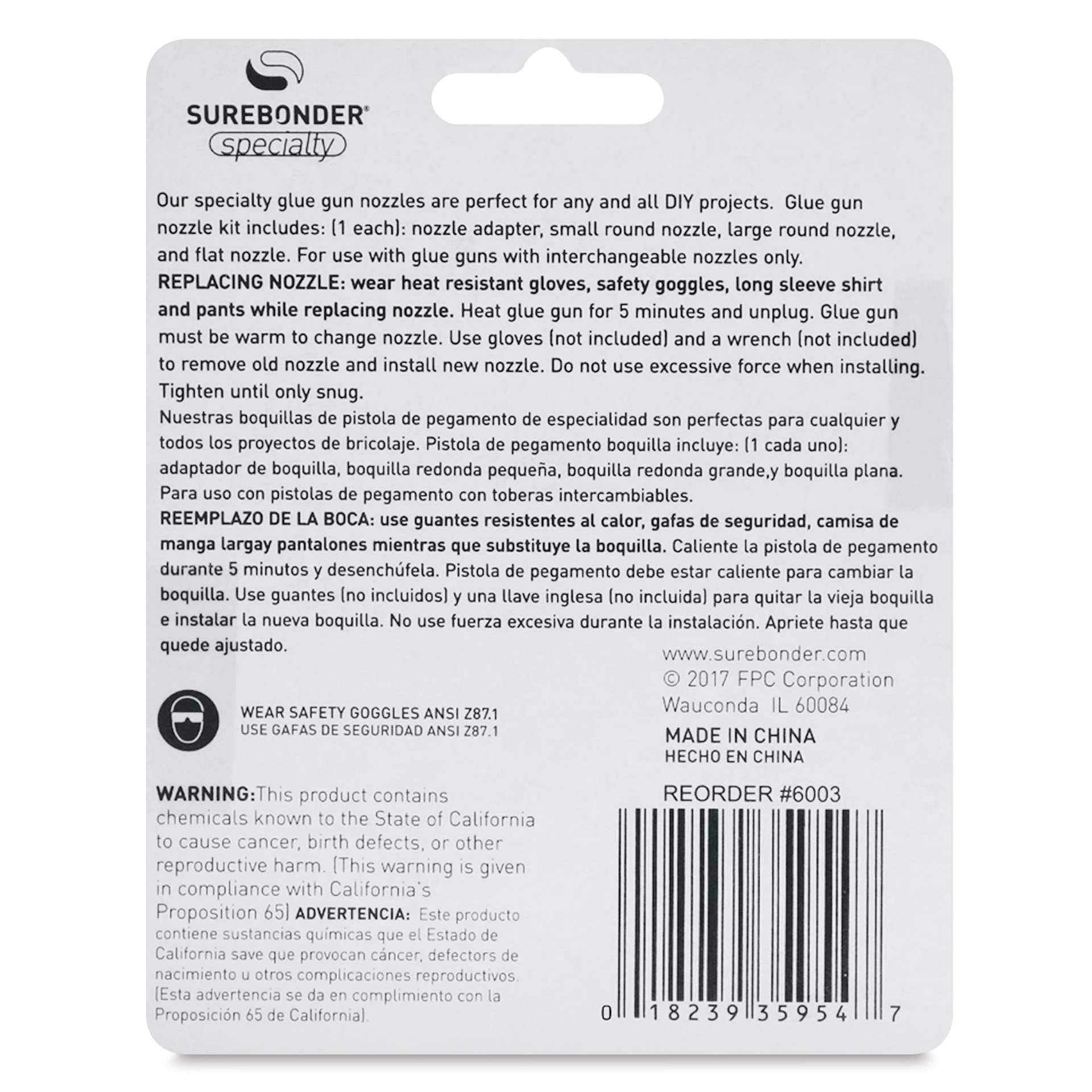 Surebonder Interchangeable Hot Glue Gun Nozzles (Back of packaging)