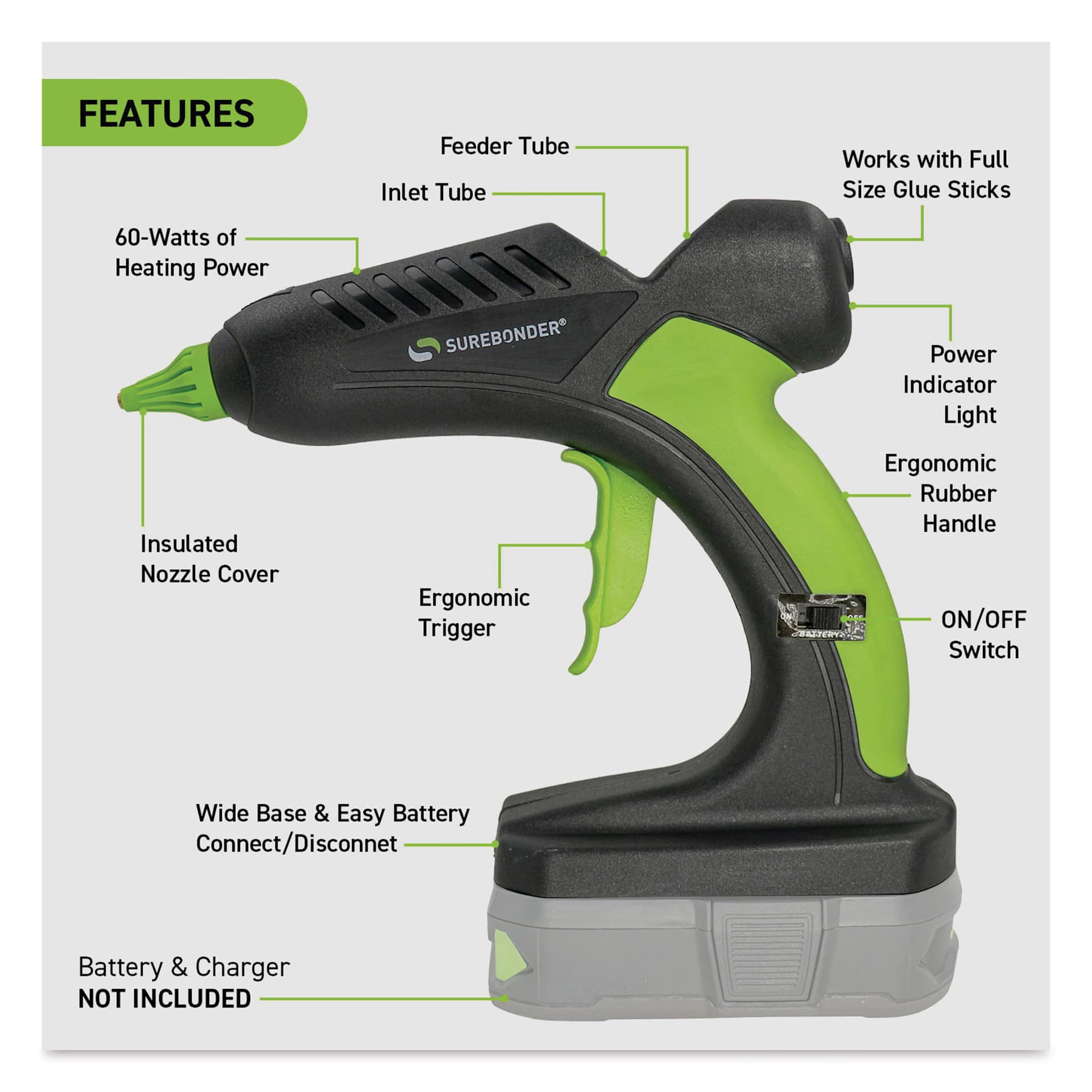 Surebonder Professional Battery Powered High Temp Glue Gun, display of the features