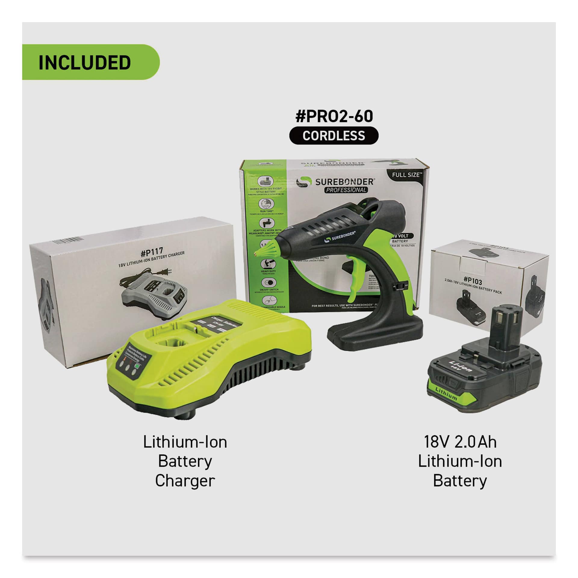 Surebonder Professional Battery Powered High Temp Glue Gun Kit, display of what is included