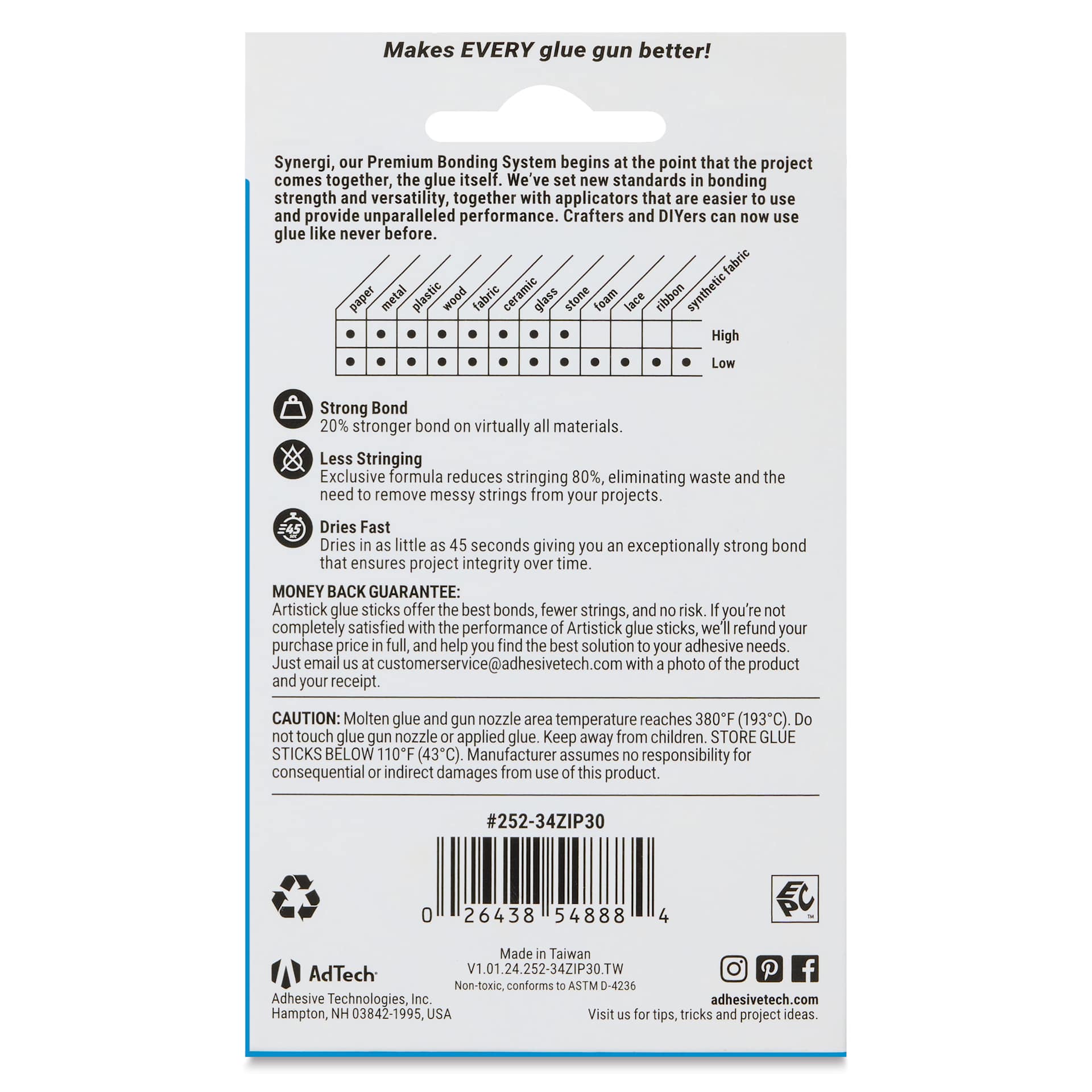 AdTech Artistick Performance Mini Glue Sticks - Pkg of 30 - back of packaging