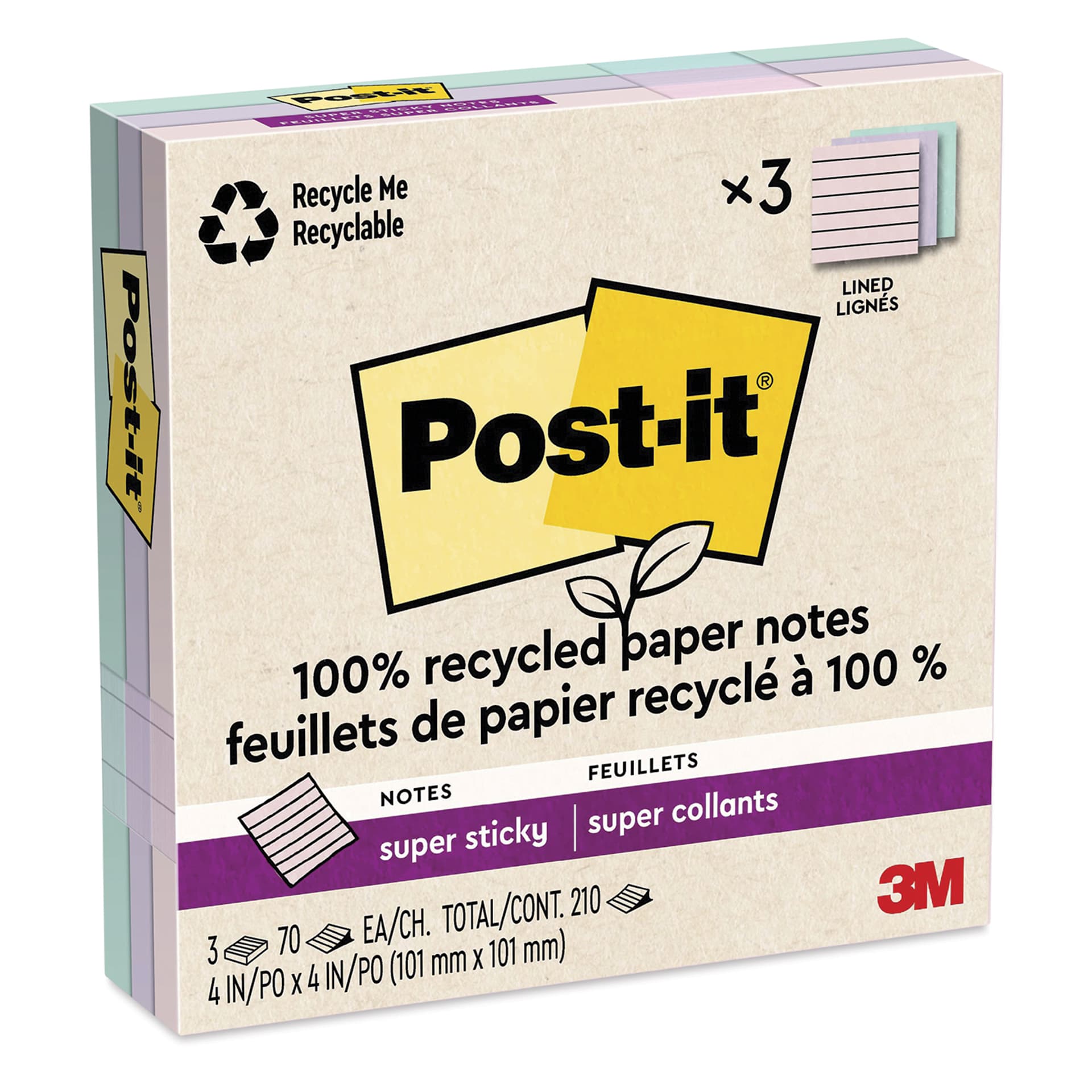 Post-it Recycled Super Sticky Notes - Wanderlust Pastels Collection, 4" x 4", Pkg of 3, Lined - enclosed package