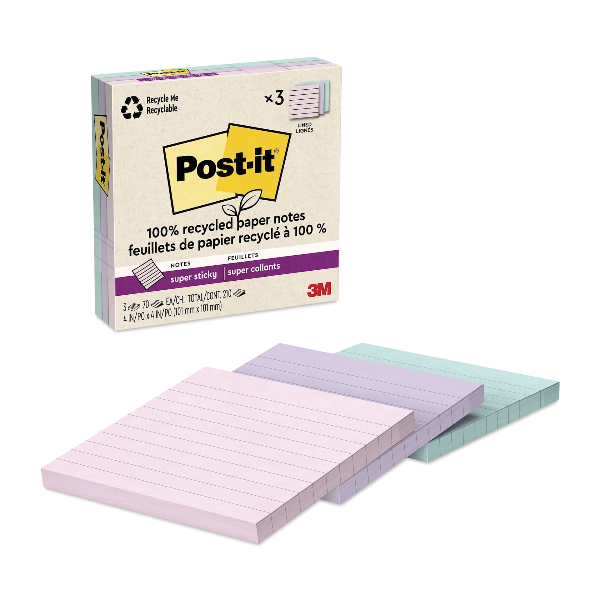 Post-it Recycled Super Sticky Notes - Wanderlust Pastels Collection, 4" x 4", Pkg of 3, Lined