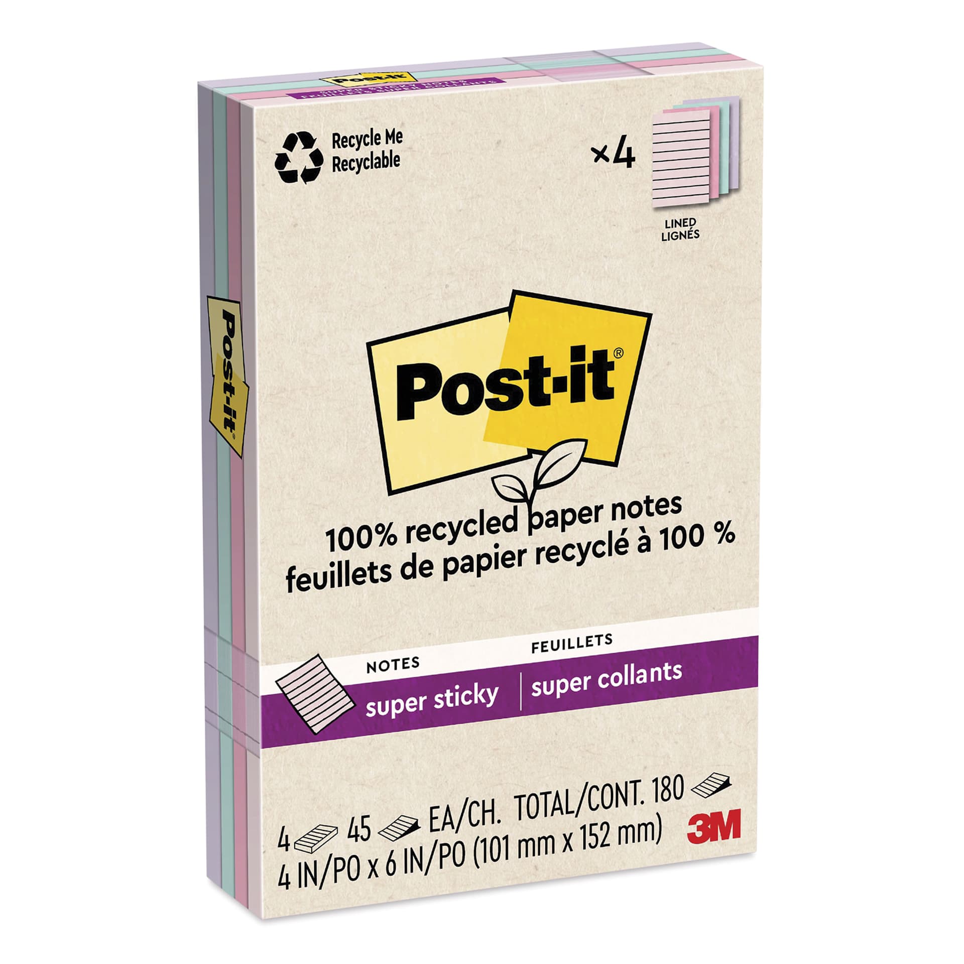 Post-it Recycled Super Sticky Notes - Wanderlust Pastels Collection, 4" x 6", Pkg of 4, Lined - enclosed package