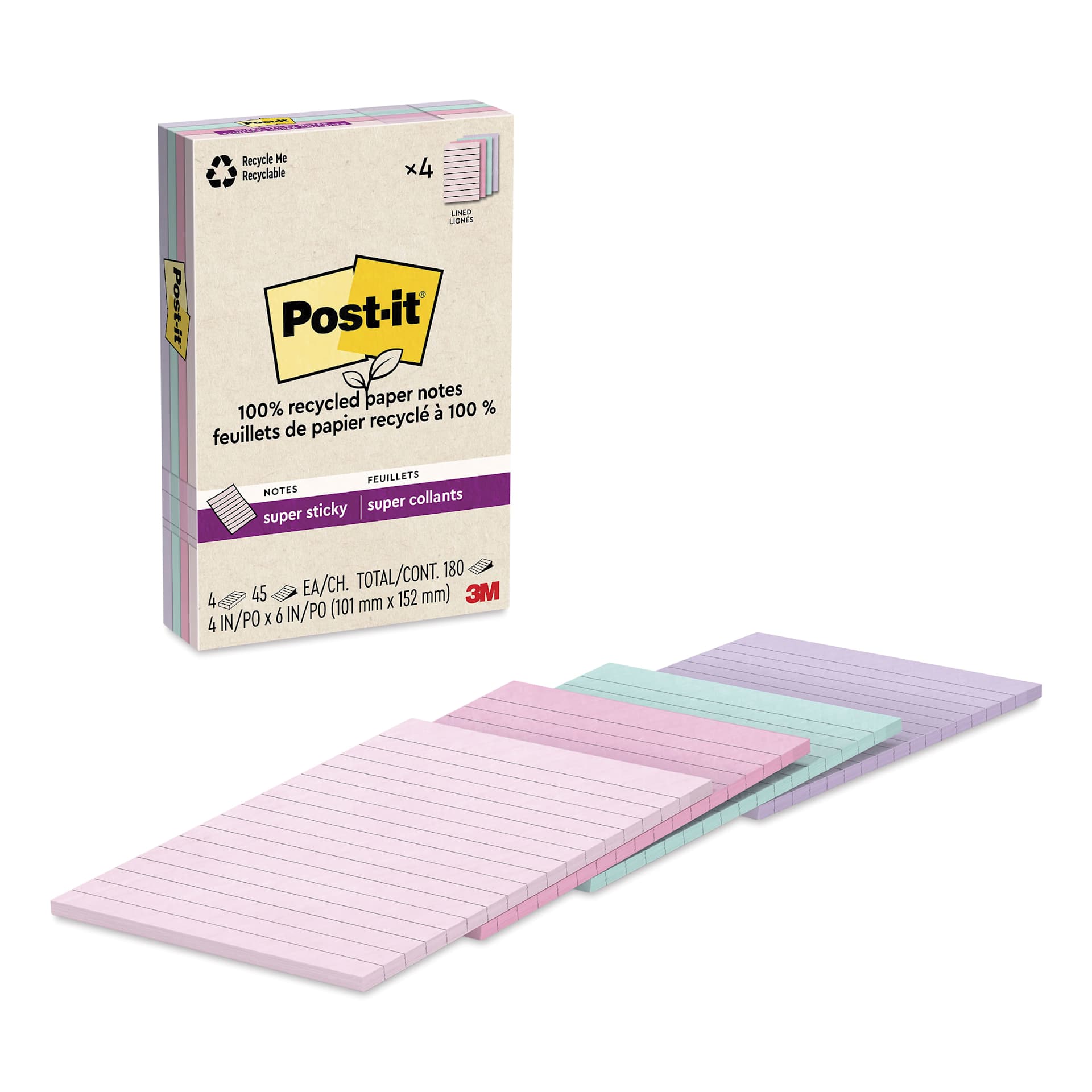Post-it Recycled Super Sticky Notes - Wanderlust Pastels Collection, 4" x 6", Pkg of 4, Lined