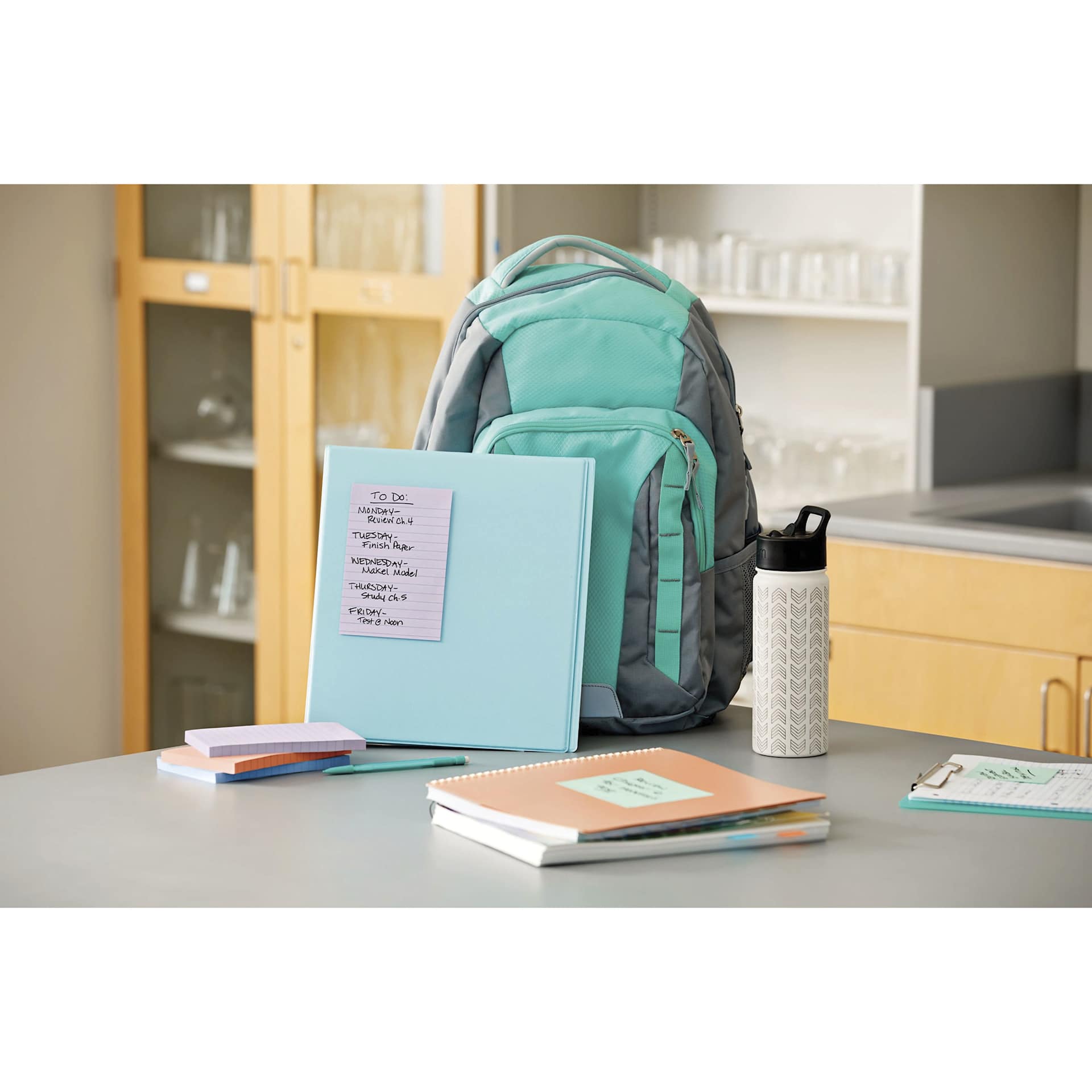 Post-it Recycled Super Sticky Notes - Wanderlust Pastels Collection, 4" x 6" - annotated and stuck to binder and notebooks