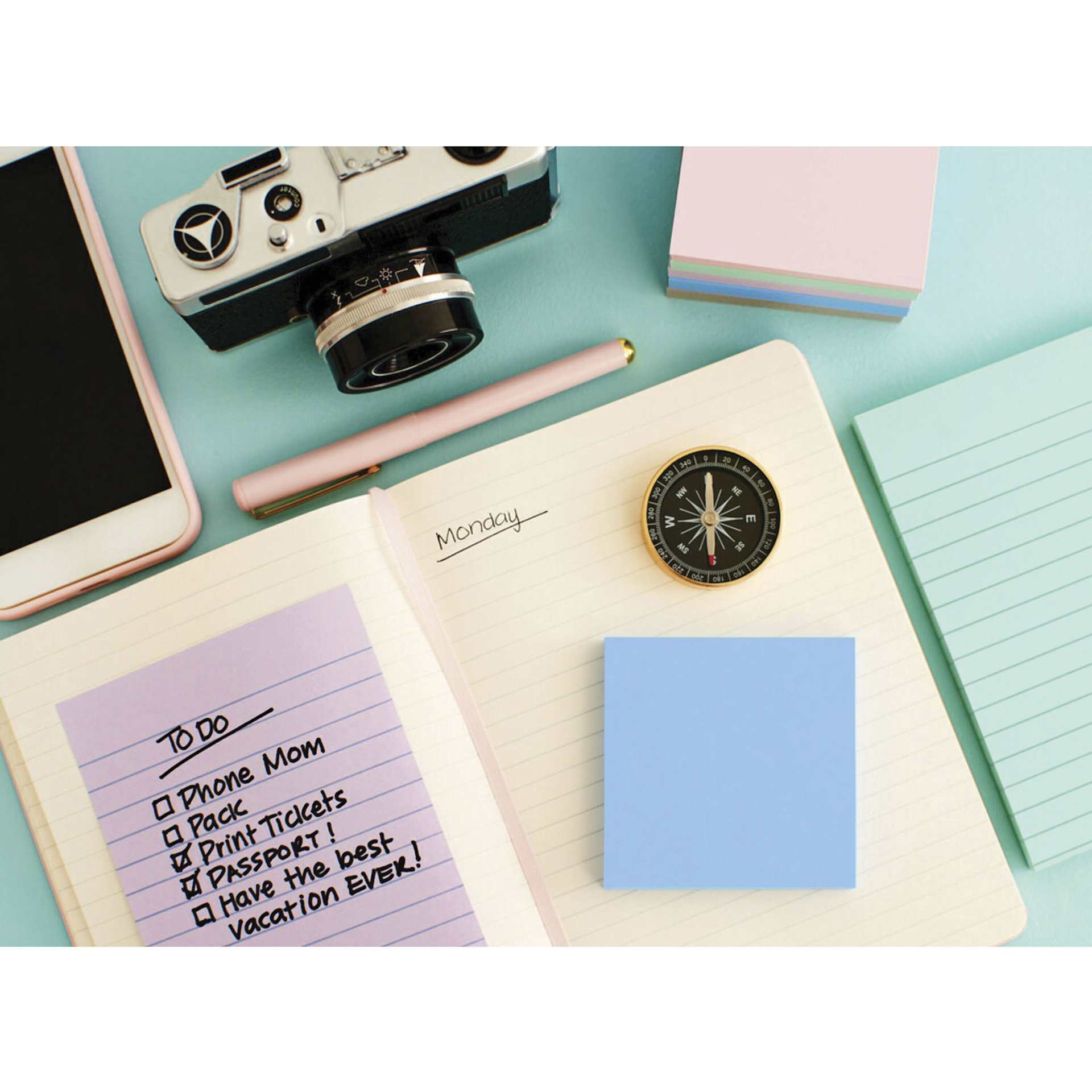 Post-it Recycled Super Sticky Notes - Wanderlust Pastels Collection, 4" x 6" - annotated with a to-do list in notebook
