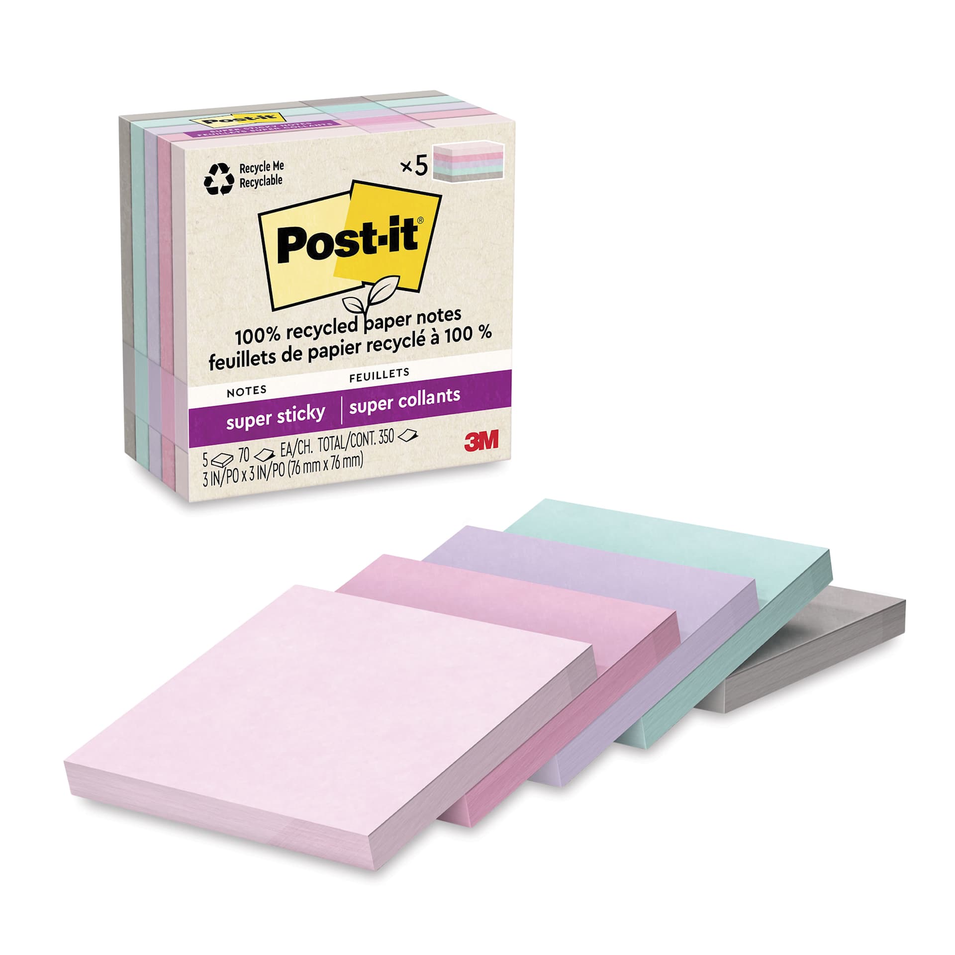 Post-it Recycled Super Sticky Notes - Wanderlust Pastels Collection, 3" x 3", Pkg of 5