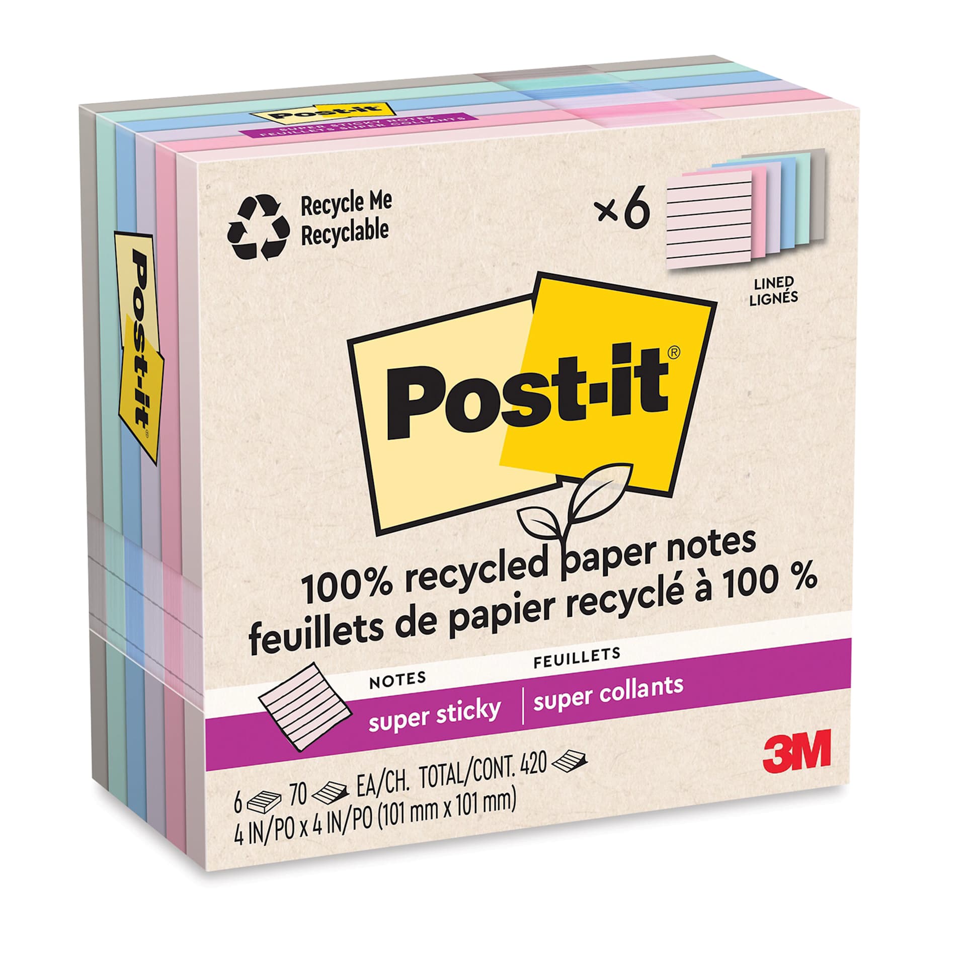 Post-it Recycled Super Sticky Notes - Wanderlust Pastels Collection, 4" x 4", Pkg of 6, Lined enclosed packaging