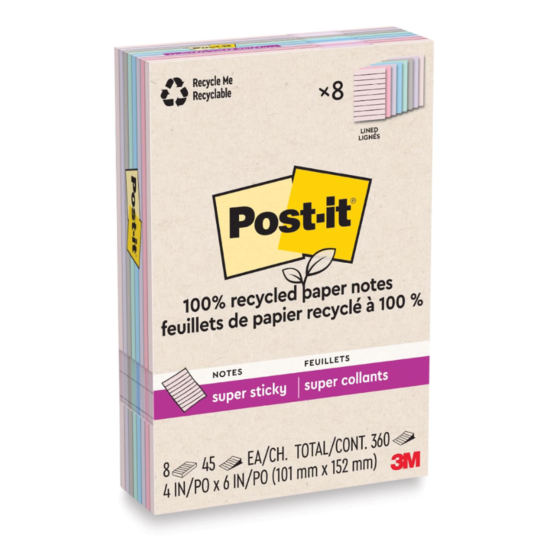 Post-it Recycled Super Sticky Notes - Wanderlust Pastels Collection, 4" x 8", Pkg of 8, Lined enclosed packaging