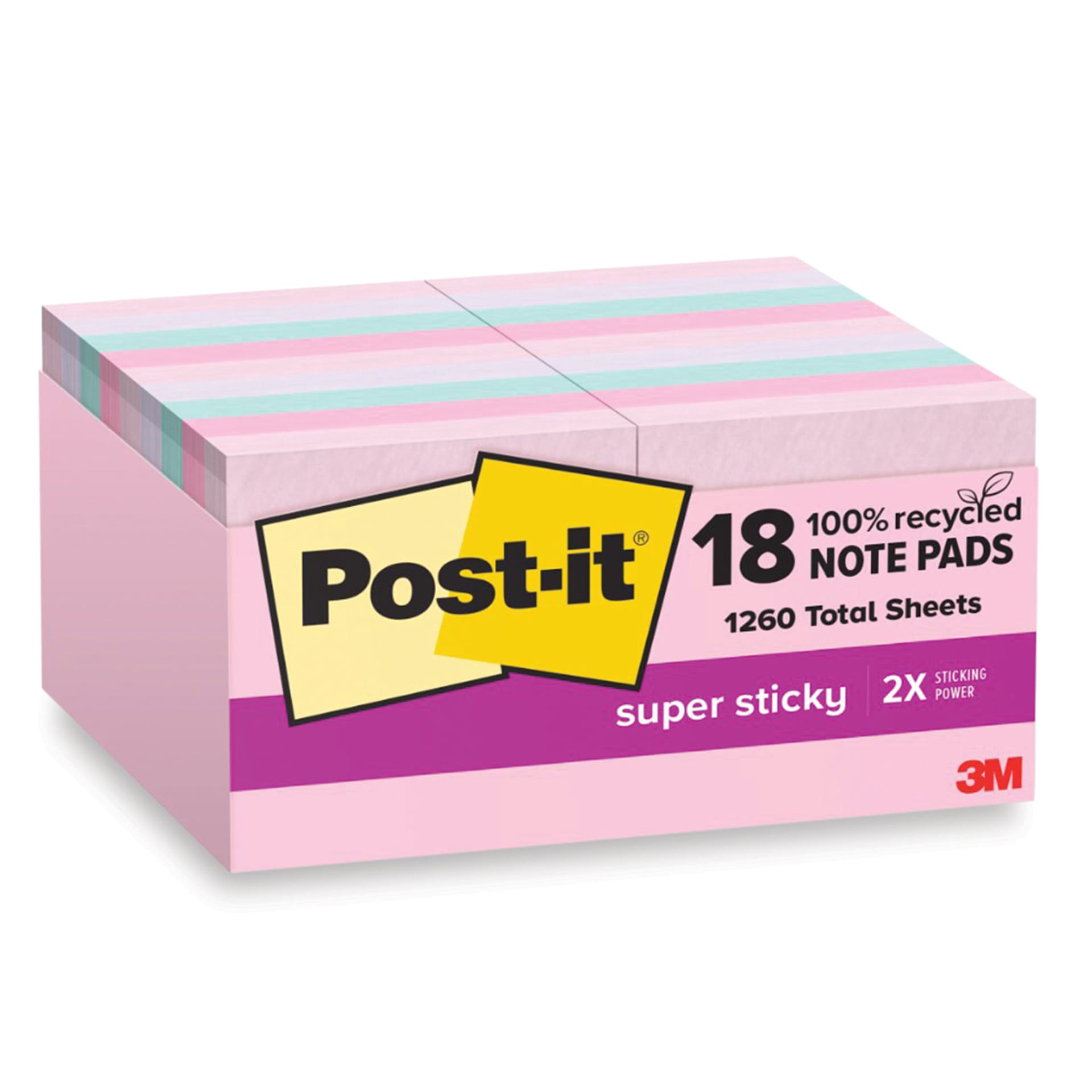 Post-it Recycled Super Sticky Notes - Wanderlust Pastels Collection, 1-7/8" x 1-7/8", Pkg of 18 enclosed packaging