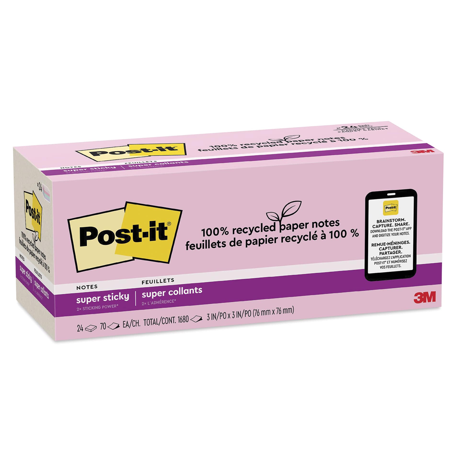 Post-it Recycled Super Sticky Notes - Wanderlust Pastels Collection, 3" x 3", Pkg of 24 - enclosed packaging