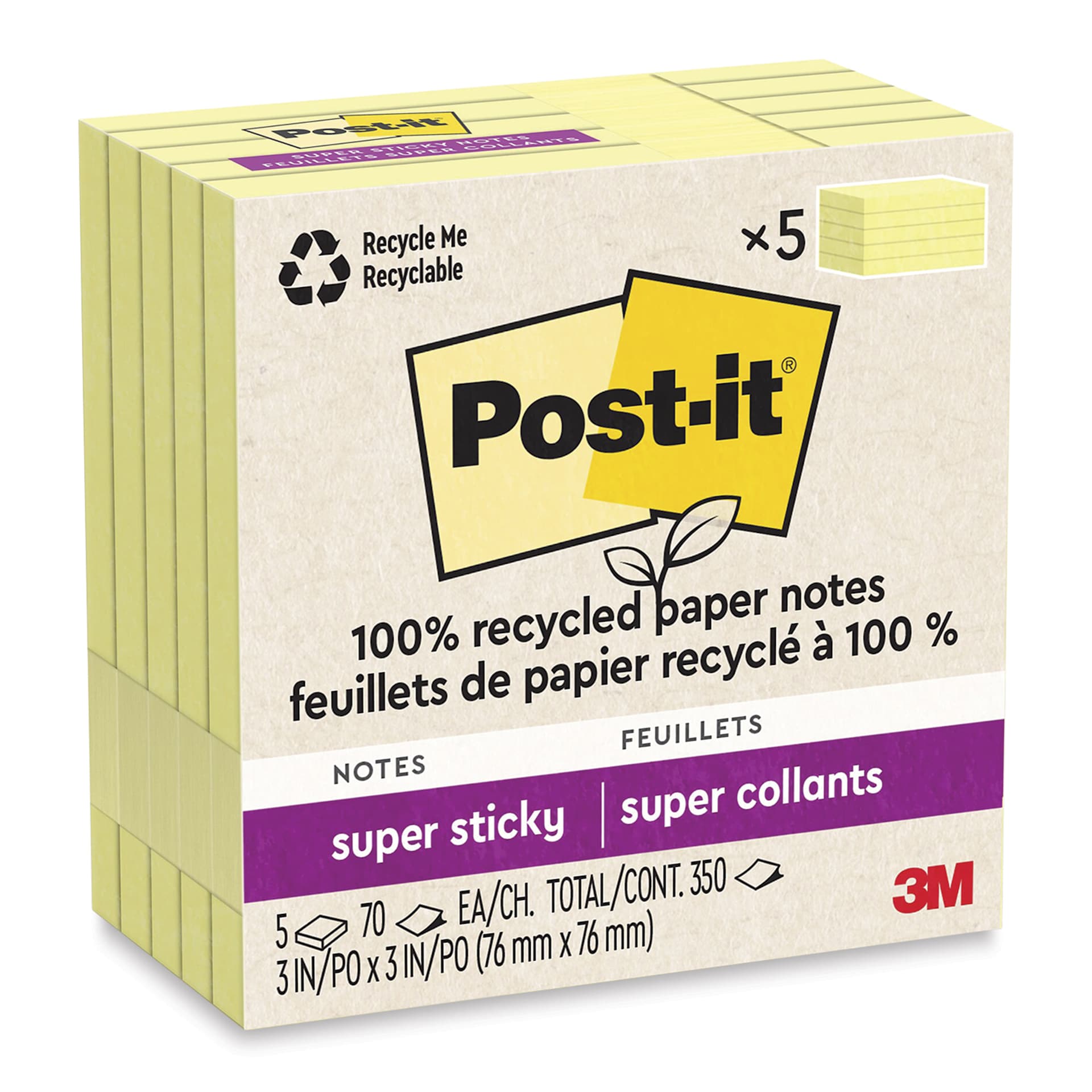Post-it Recycled Super Sticky Notes - Canary Yellow, 3" x 3", Pkg of 5 - enclosed packaging