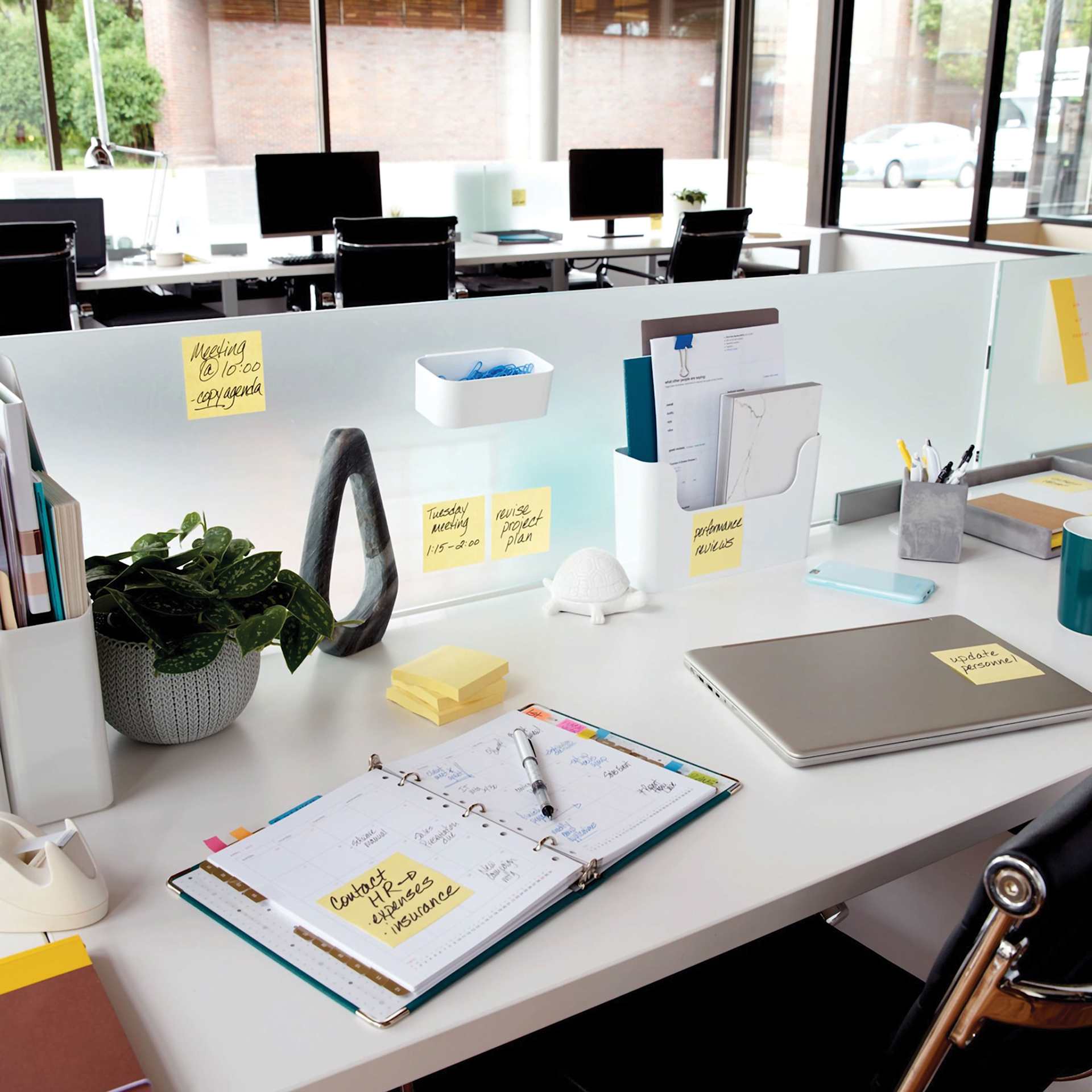 Post-it Recycled Super Sticky Notes - Canary Yellow, 3" x 3" - annotated and stuck on various desk supplies and surfaces