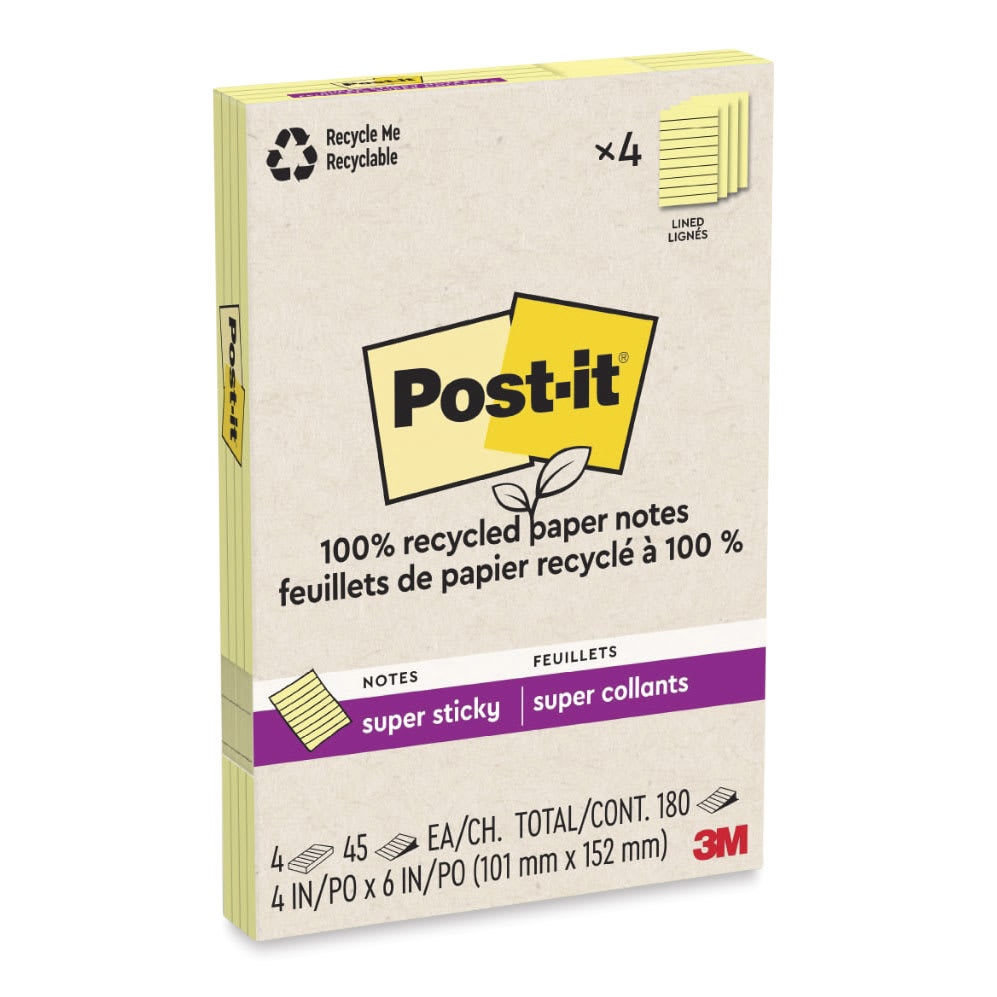Post-it Recycled Super Sticky Notes - Canary Yellow, 4" x 6", Pkg of 4, Lined - enclosed packaging
