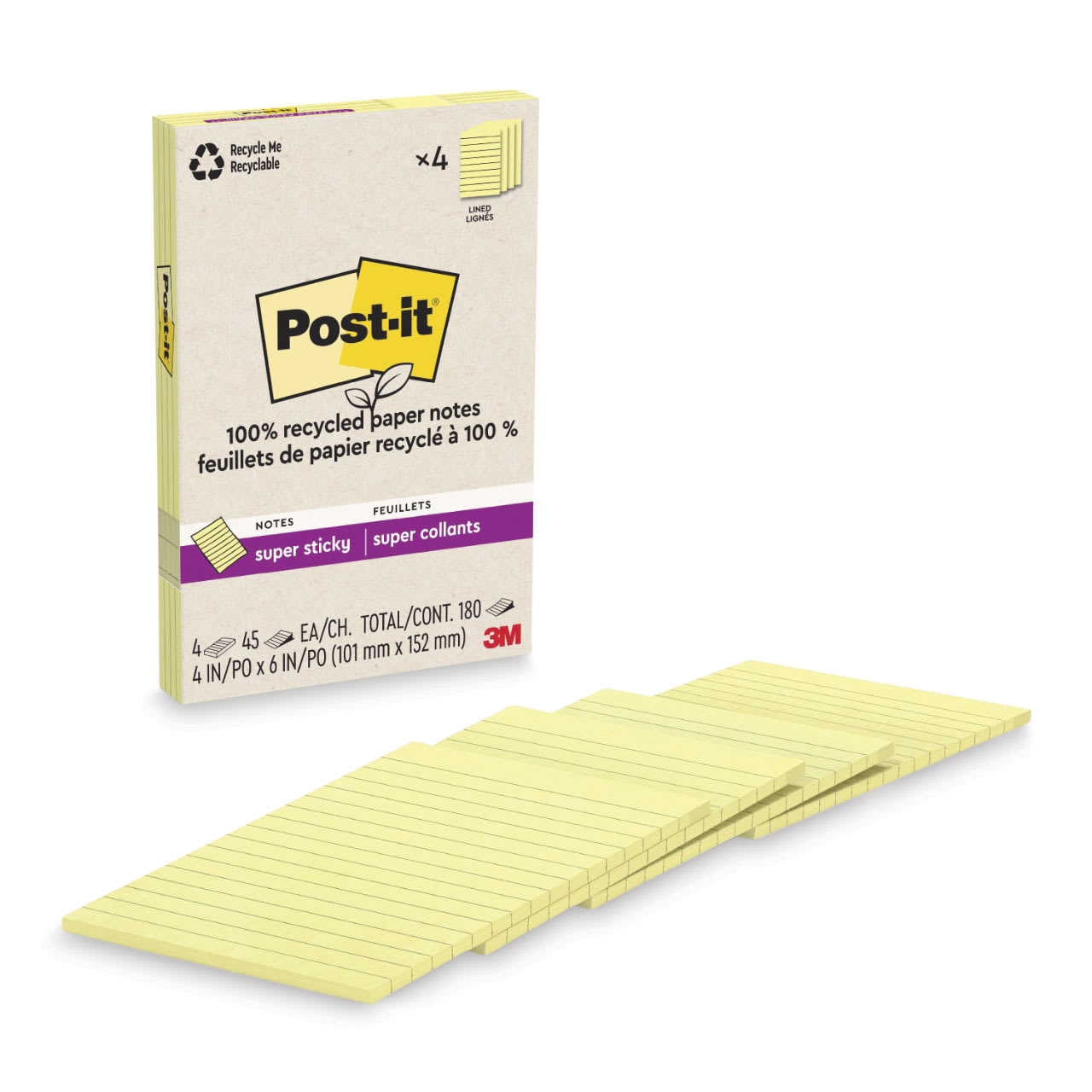 Post-it Recycled Super Sticky Notes - Canary Yellow, 4" x 6", Pkg of 4, Lined