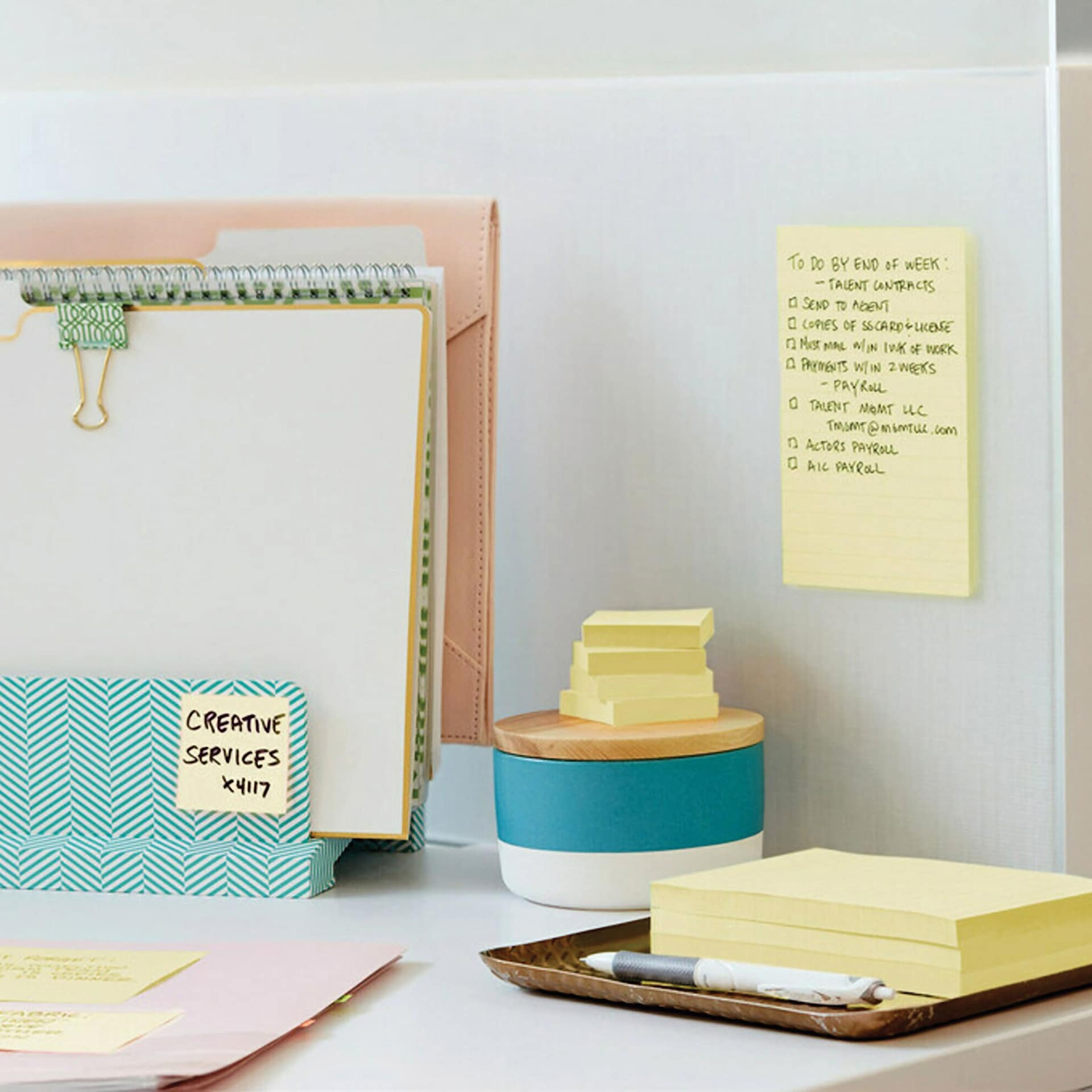 Post-it Recycled Super Sticky Notes - Canary Yellow, 4" x 6", Pkg of 4, Lined - annotated and stuck on desk partition
