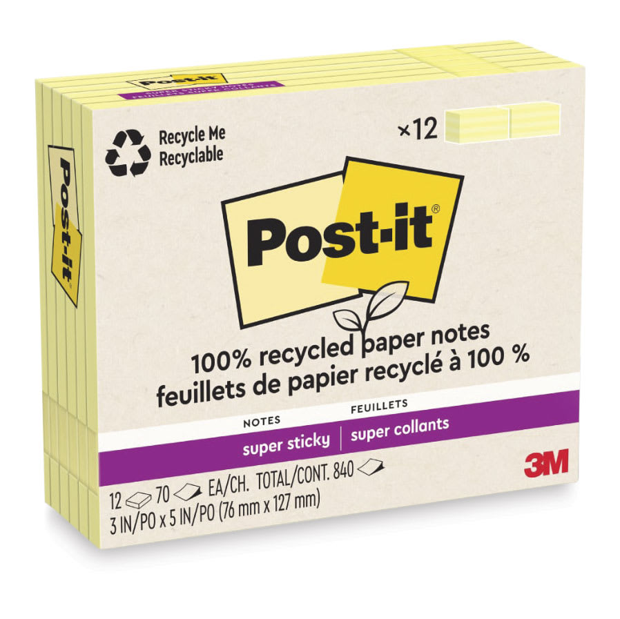 Post-it Recycled Super Sticky Notes - Canary Yellow, 3" x 5", Pkg of 12 - enclosed packaging