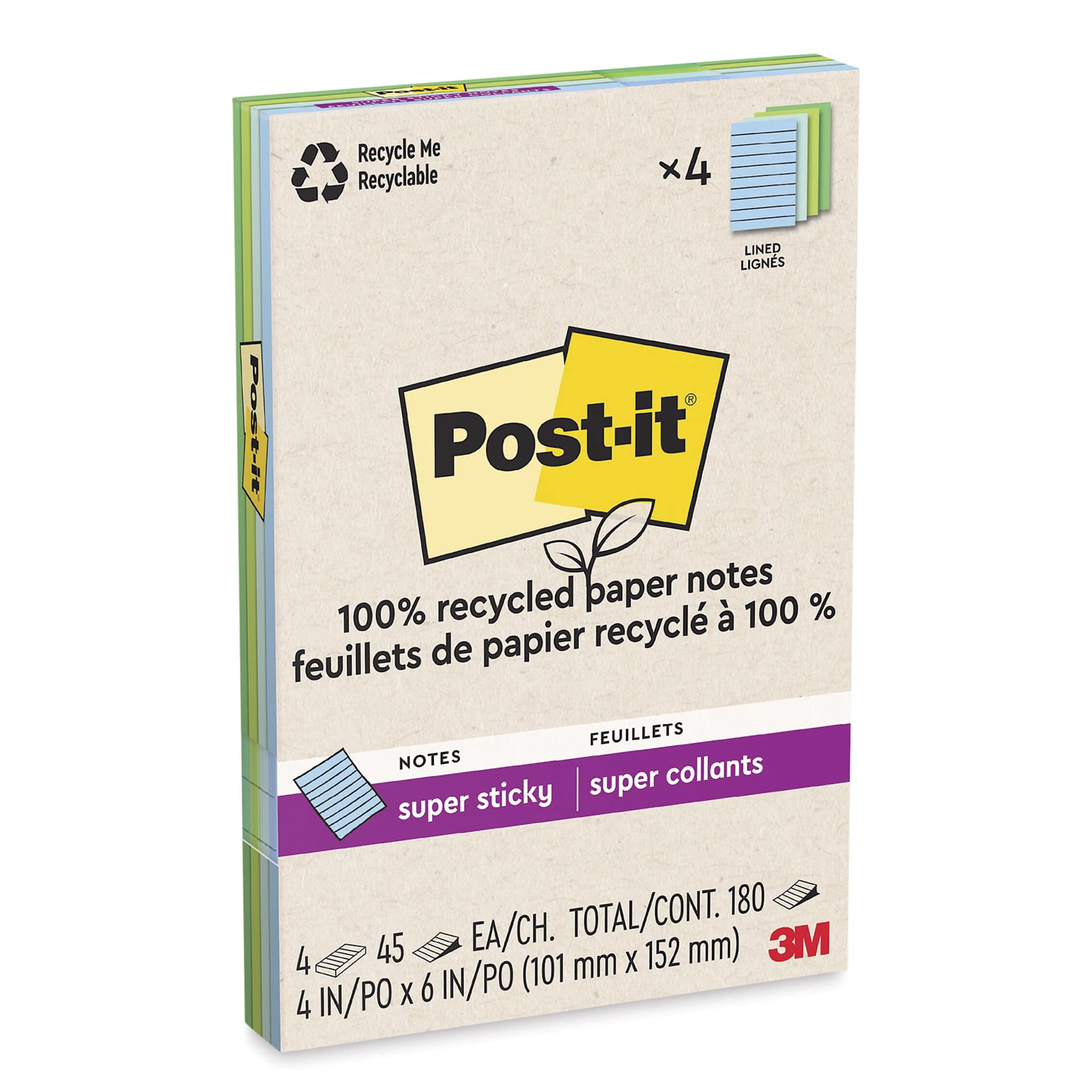 Post-it Recycled Super Sticky Notes - Oasis Collection, 4" x 6", Pkg of 4, Lined - enclosed packaging