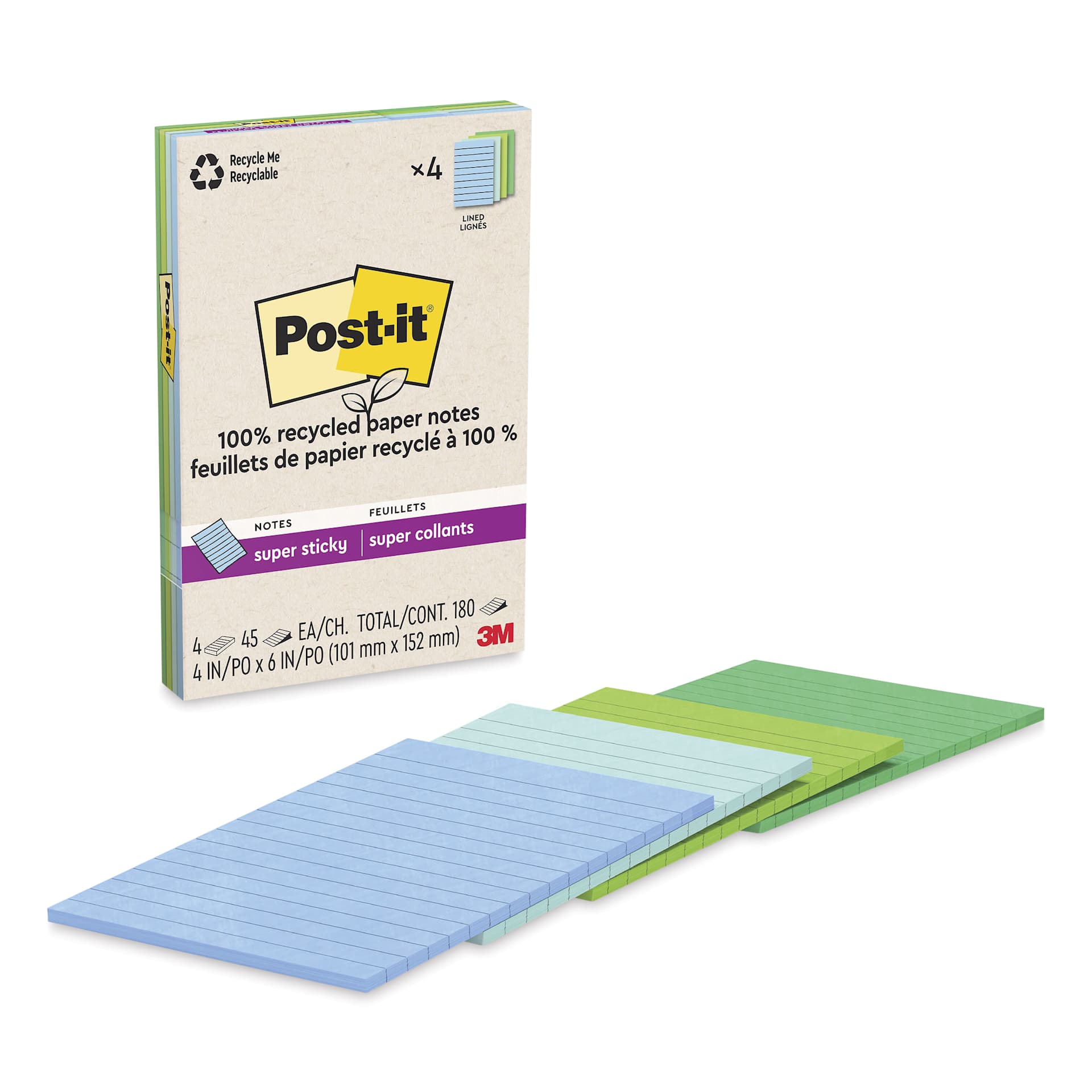Post-it Recycled Super Sticky Notes - Oasis Collection, 4" x 6", Pkg of 4, Lined