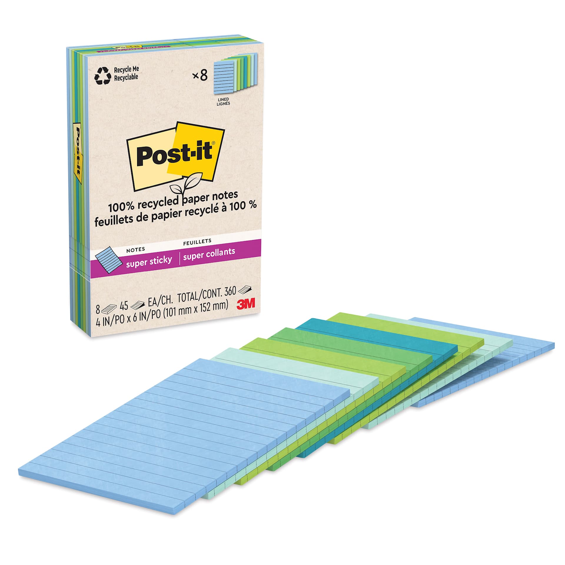 Post-it Recycled Super Sticky Notes - Oasis Collection, 4" x 6", Pkg of 8, Lined