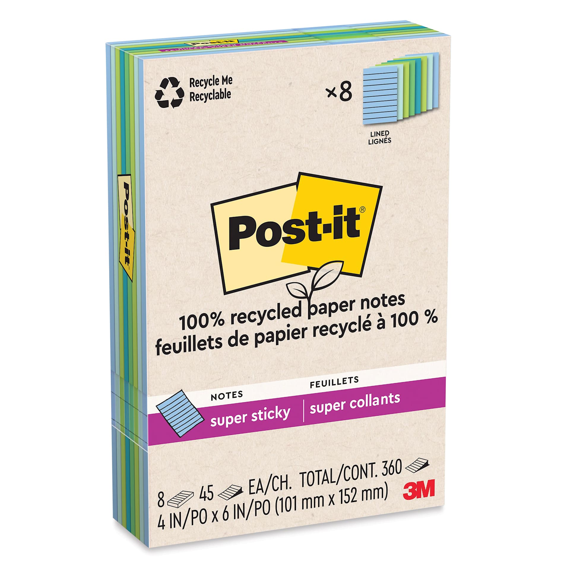 Post-it Recycled Super Sticky Notes - Oasis Collection, 4" x 6", Pkg of 8, Lined enclosed packaging