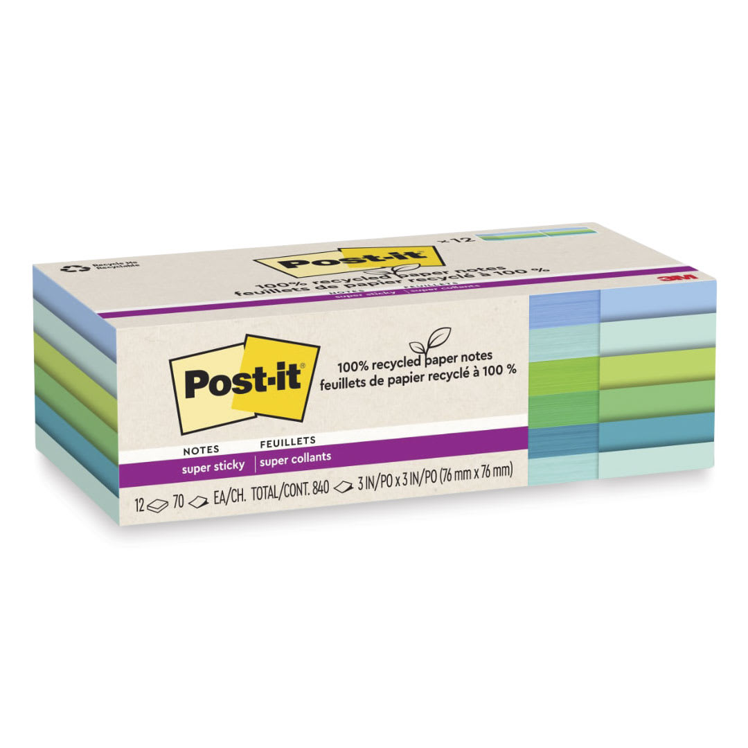 Post-it Recycled Super Sticky Notes - Oasis Collection, 3" x 3", Pkg of 12 - enclosed packaging