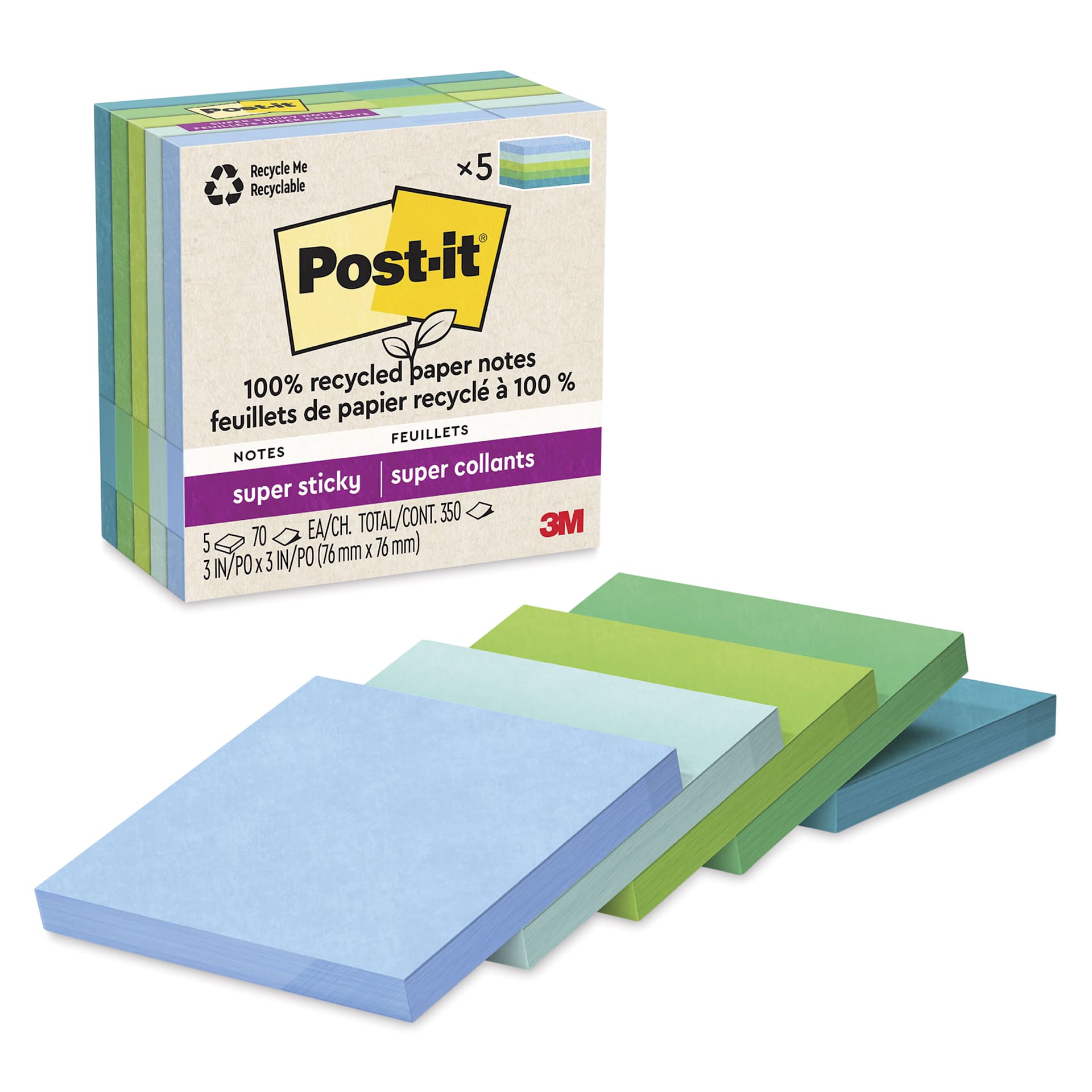 Post-it Recycled Super Sticky Notes - Oasis Collection, 3" x 3", Pkg of 5
