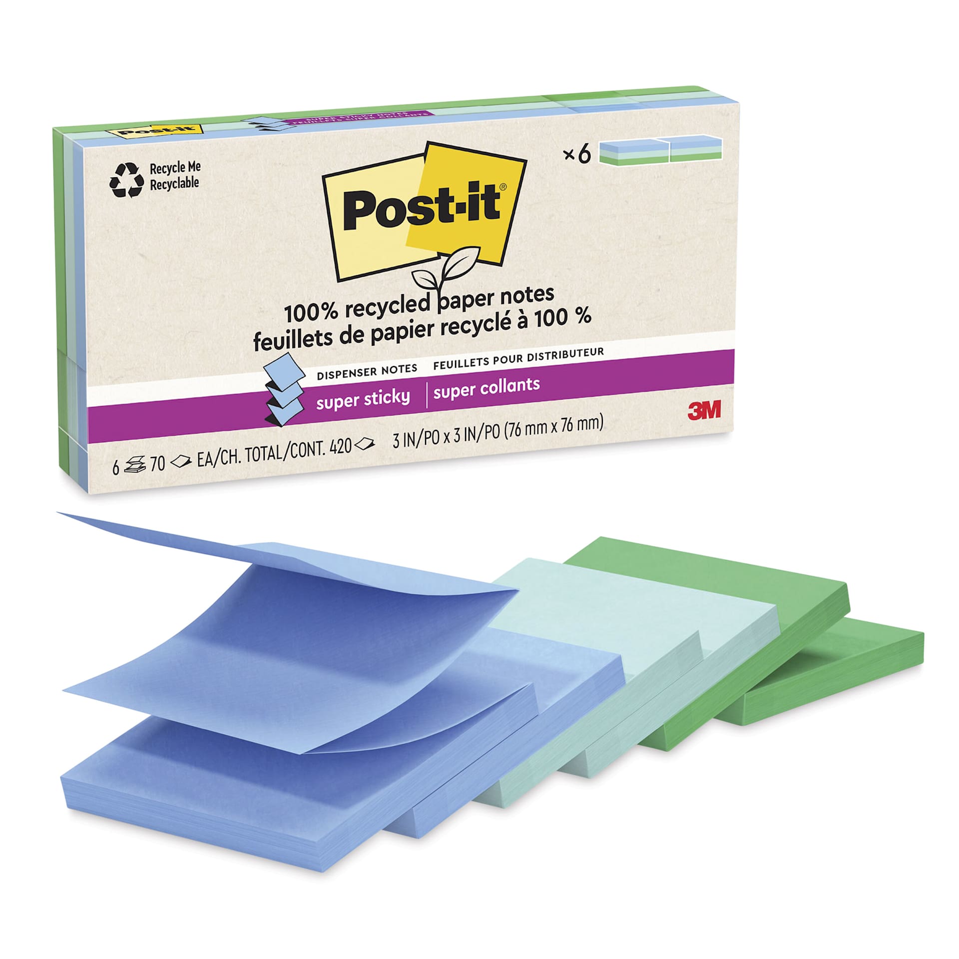 Post-it Recycled Super Sticky Pop-Up Notes - Oasis Collection, 3" x 3", Pkg of 6