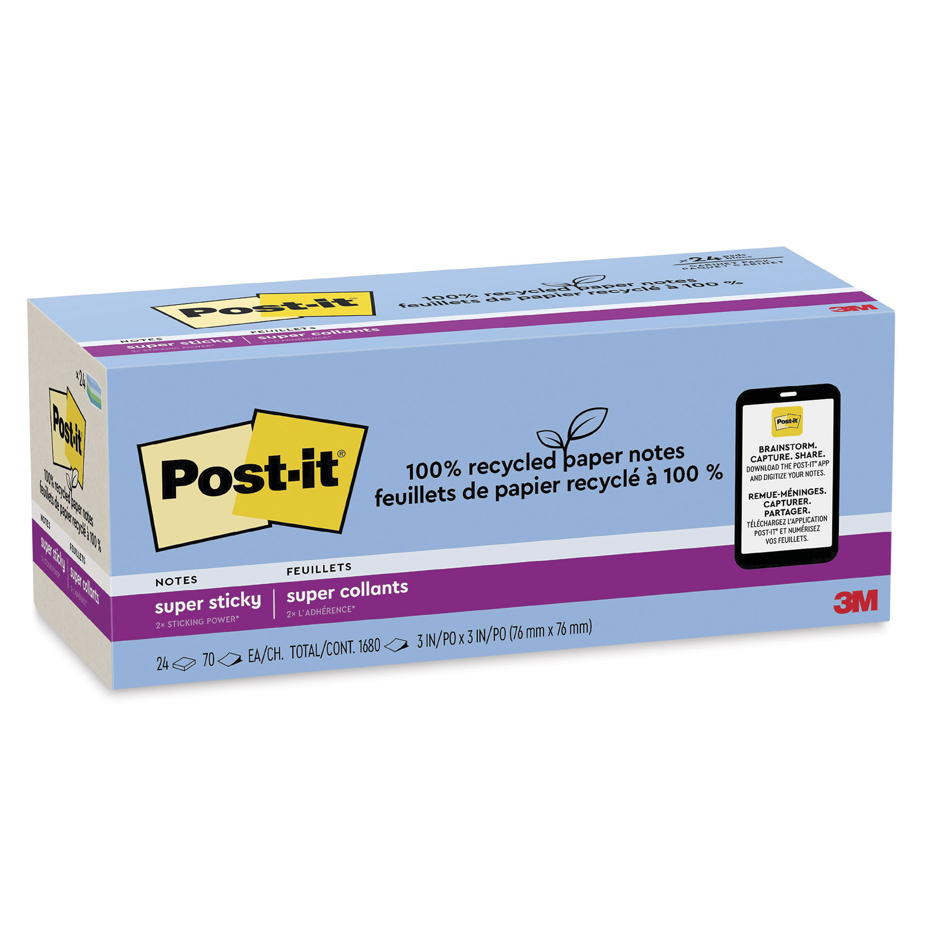 Post-it Recycled Super Sticky Notes - Oasis Collection, 3" x 3", Pkg of 24 - enclosed packaging