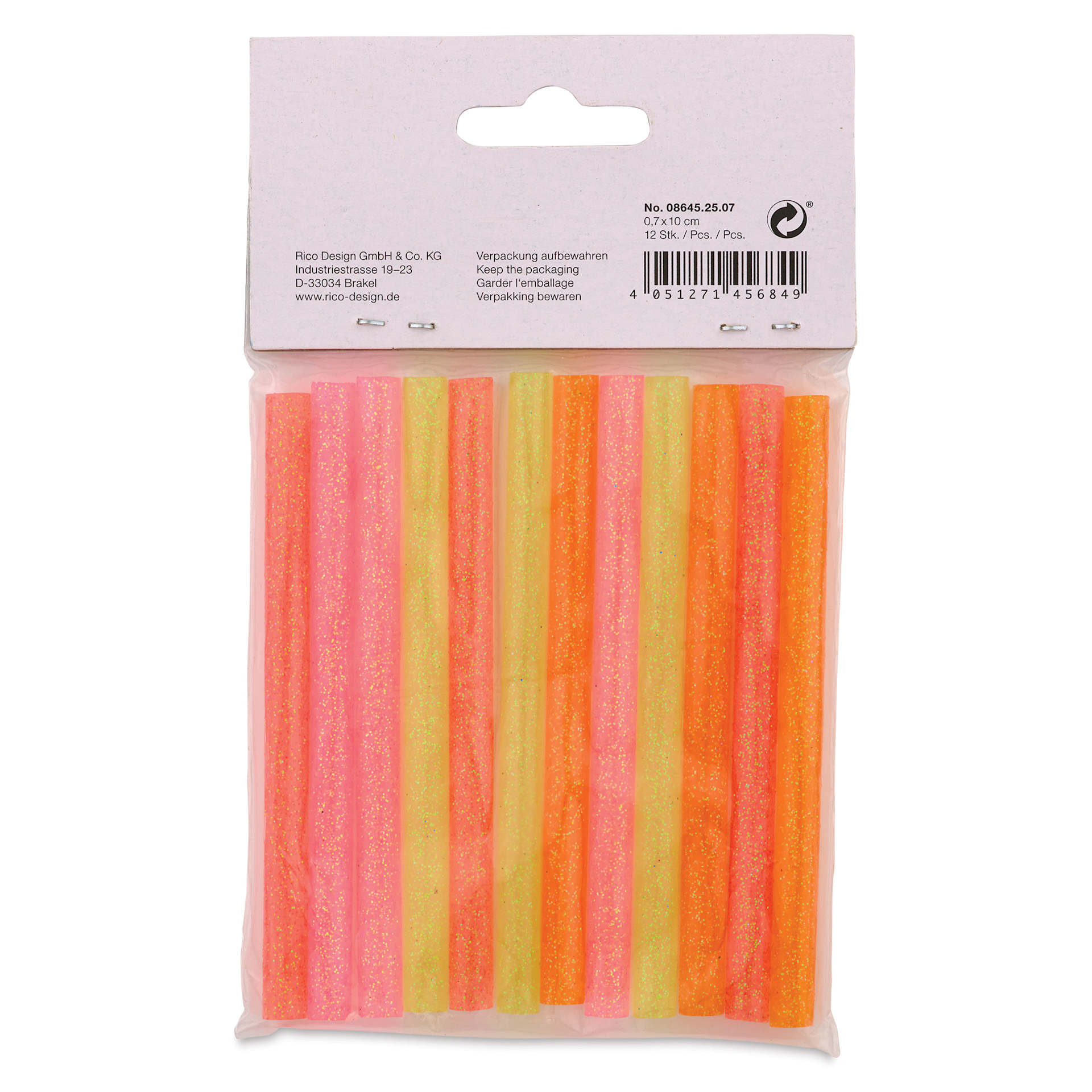 Rico Design Glitter Hot Glue Sticks - Neon, Set of 12 - back of packaging