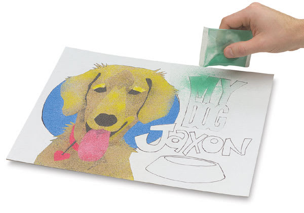 Activa Sand Expression Boards - Artist sprinkling sand on words on Art Board