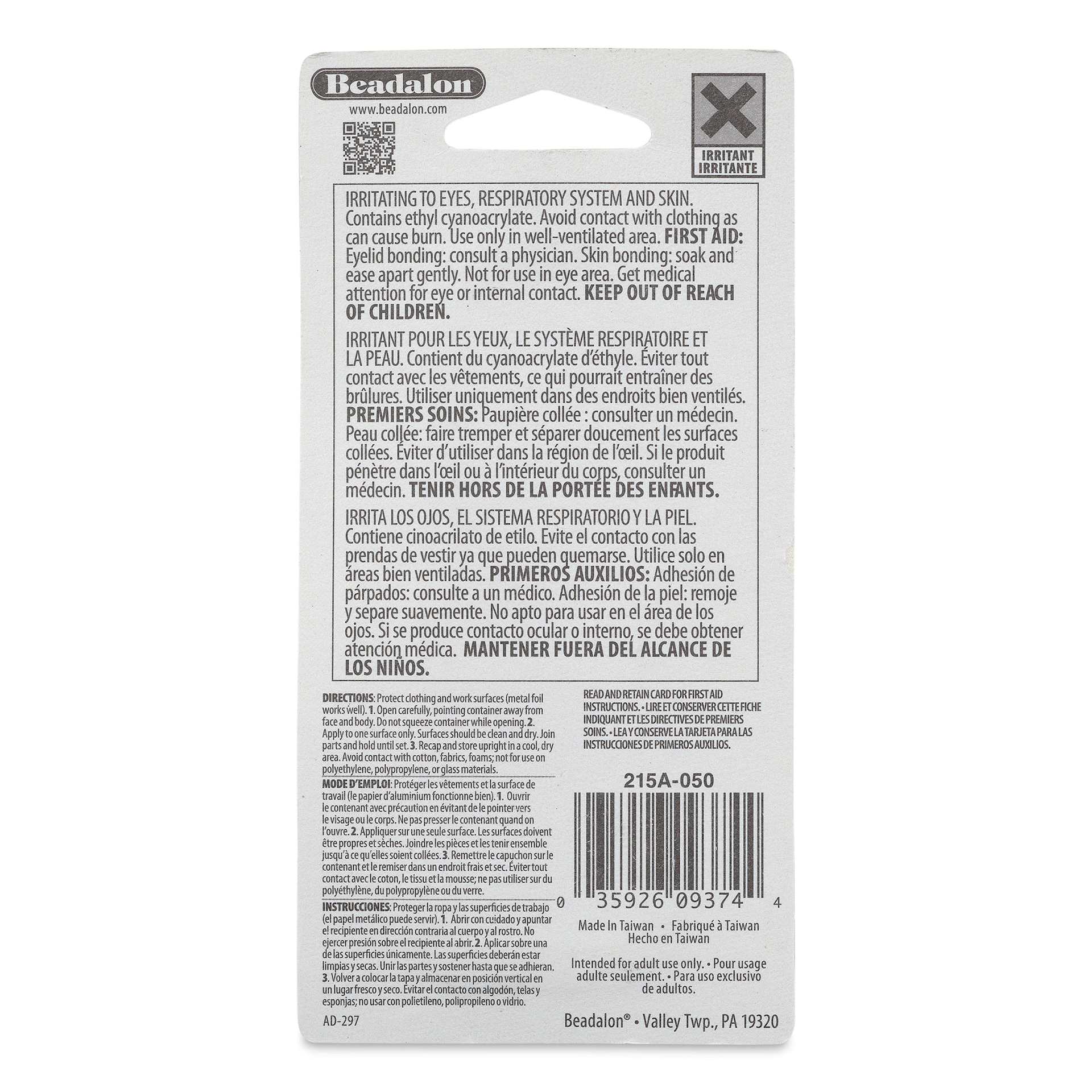 Beadalon Beadfix Adhesive Gel back of packaging
