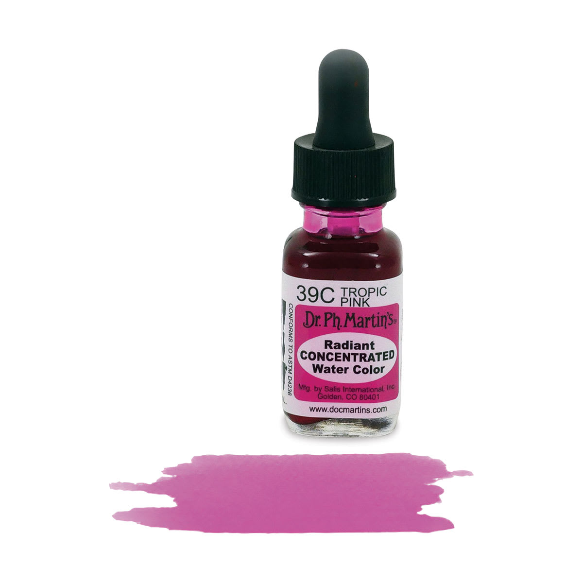 Dr. Ph. Martin's Radiant Concentrated Individual Watercolor - 1/2 oz, Tropic Pink - with color sample in front of bottle
