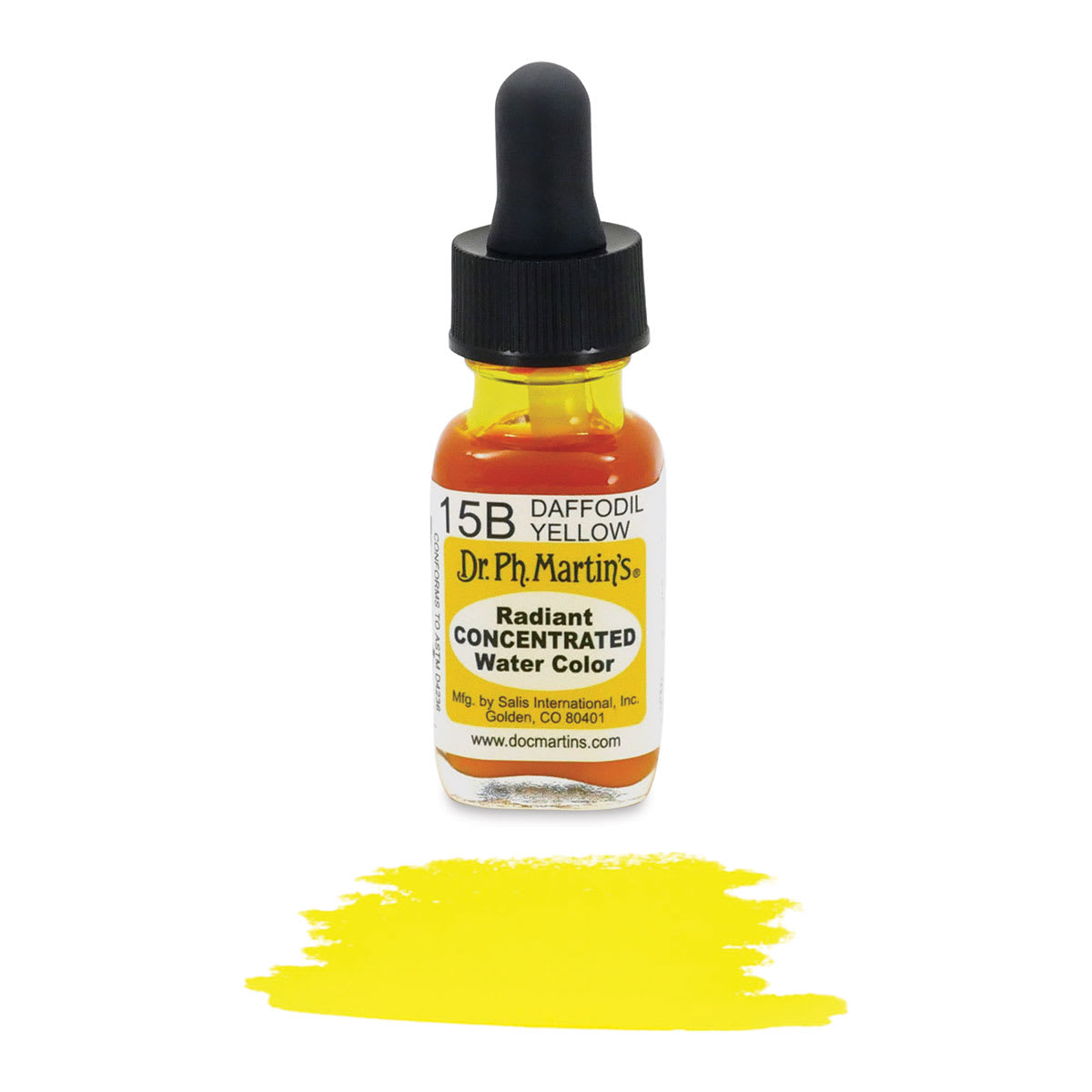 Dr. Ph. Martin's Radiant Concentrated Individual Watercolor - 1/2 oz, Daffodil Yellow - with color sample in front of bottle