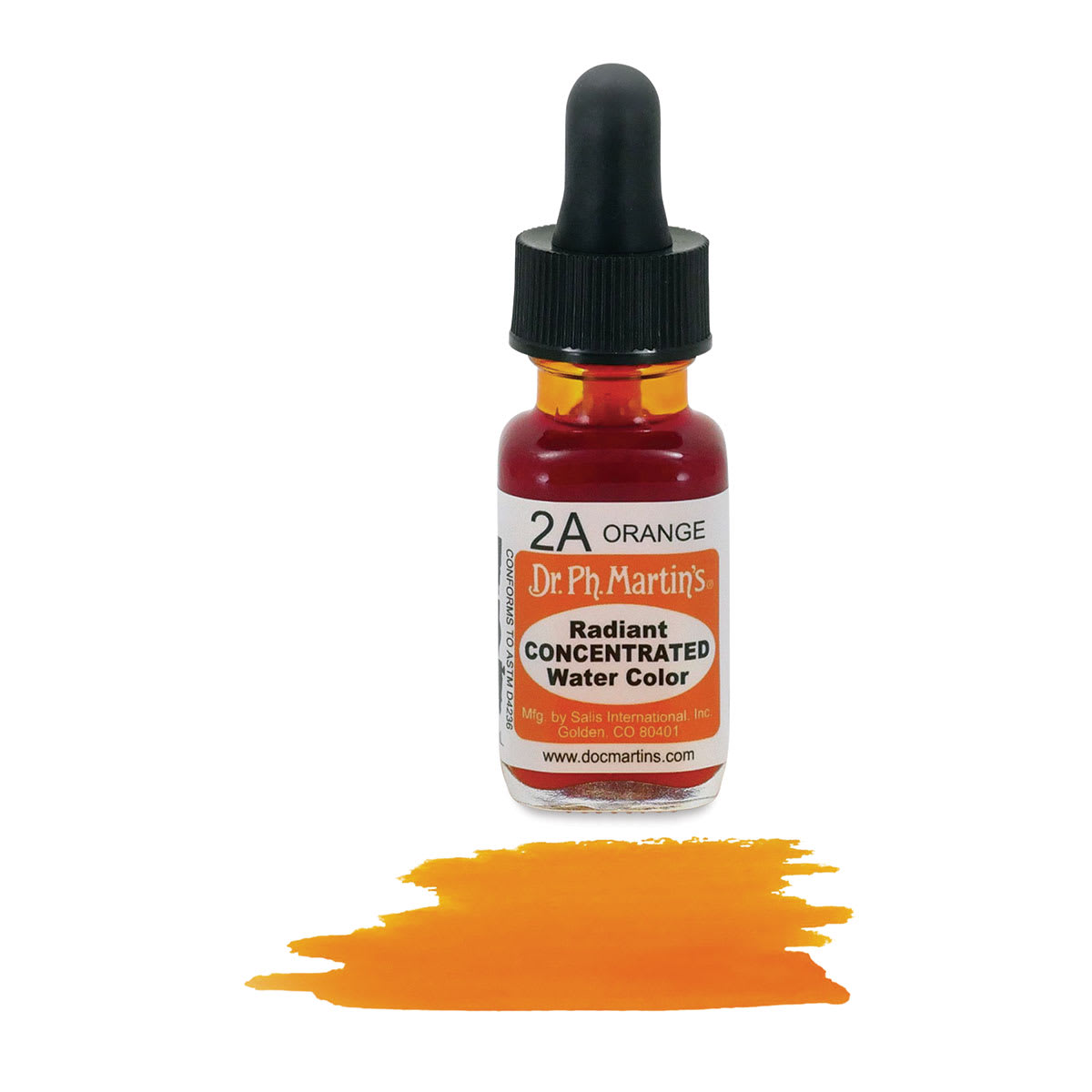 Dr. Ph. Martin's Radiant Concentrated Individual Watercolor - 1/2 oz, Orange - with color sample in front of bottle