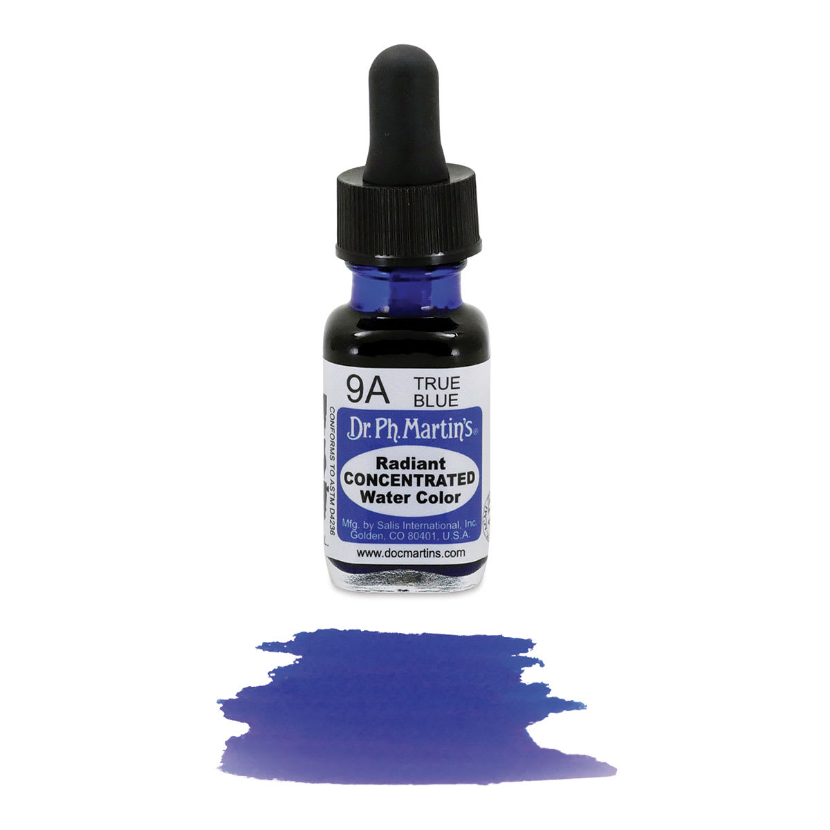 Dr. Ph. Martin's Radiant Concentrated Individual Watercolor - 1/2 oz, True Blue - color sample in front of bottle