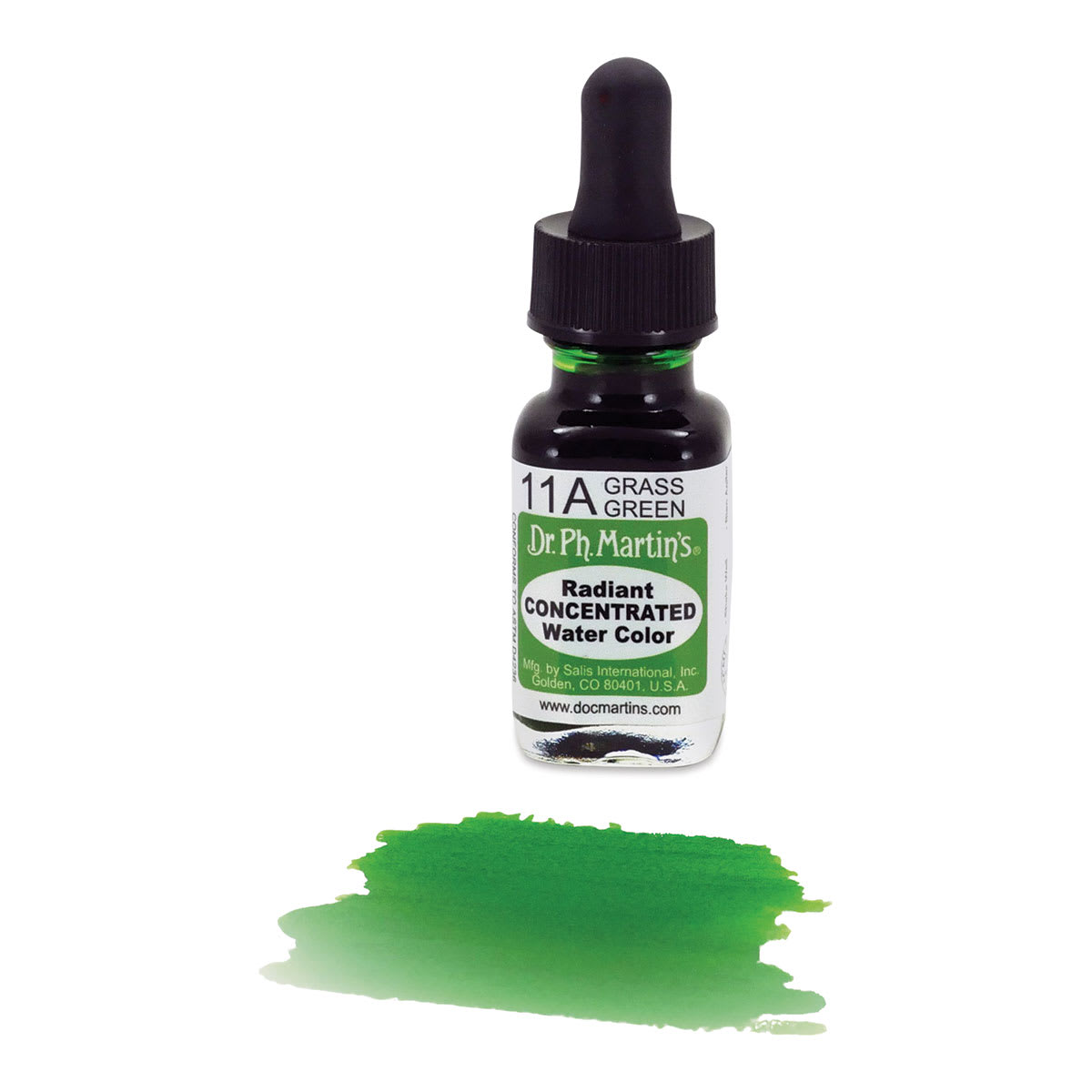 Dr. Ph. Martin's Radiant Concentrated Individual Watercolor - 1/2 oz, Grass Green - color sample in front of bottle