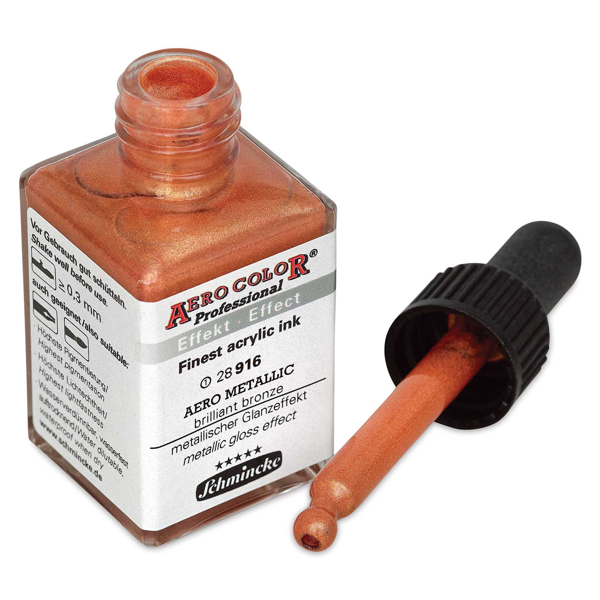 Schmincke Aero Color Professional Airbrush Color - 28 ml, Metallic Brilliant Bronze, dropper cap removed from bottle