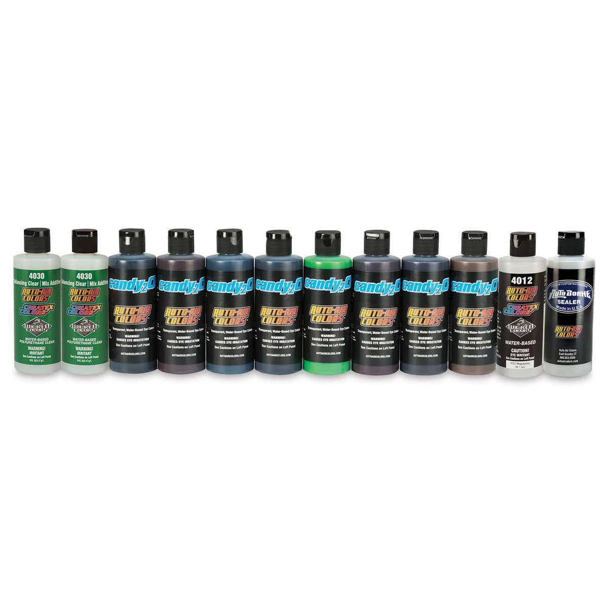 Createx Candy2o Auto Air Colors - Set of 12 Warm Colors in row
